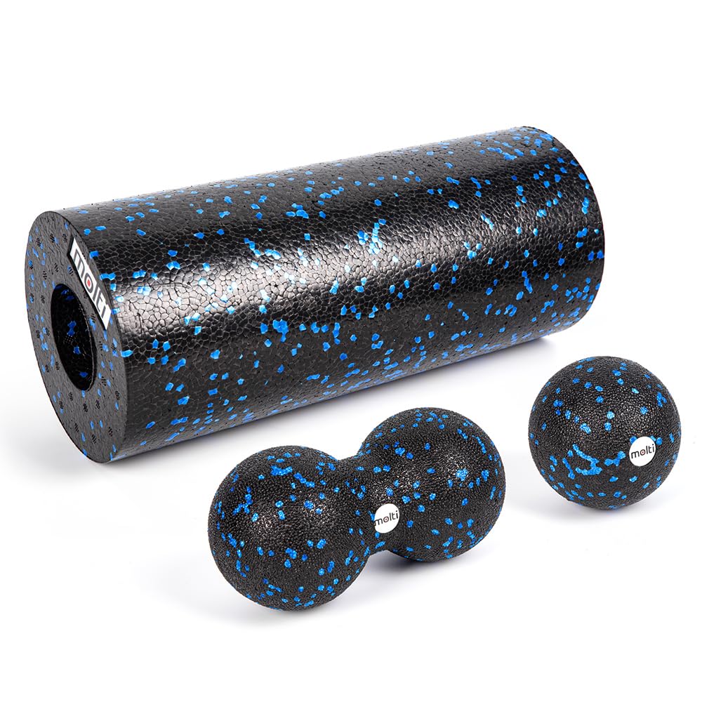 Faszienrolle, Duoball & Massageball Set – Selbstmassage & Regeneration für Rücken & Beine (Schwarz-Blau)