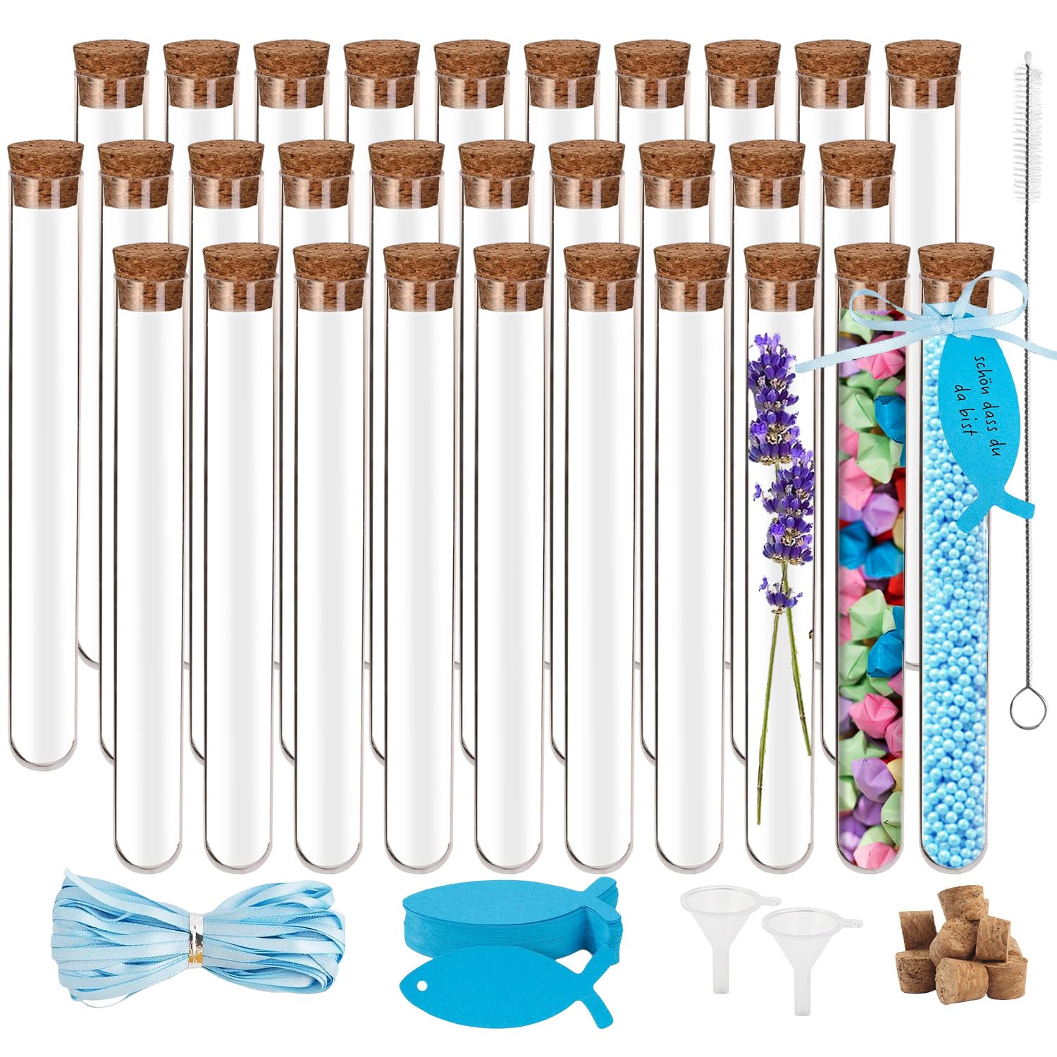 30 Pièces Tube a Essai Plastique 30ml (20x150 mm) Tube à Essai avec Bouchon Liège + 35 pcs étiquettes + 10m Ruban + 2 Pcs Entonnoirs en Plastique Tube Plastique Transparent pour Fleurs Bonbons
