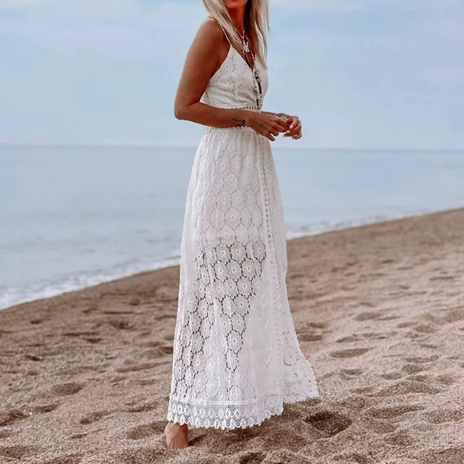 Robe longue d'été pour femme, col en V, sans manches, en dentelle