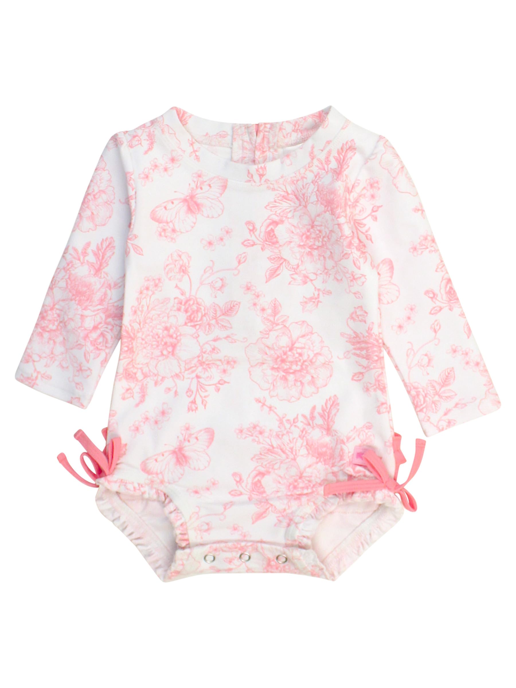 RuffleButts Baby Girls Novelty Baby One Piece - Rash Guard Swimsuit | 80% Nylon 20% Spandex, UPF 50+, Lightweight, Medium Stretch, Full Seat Coverage, Bottom Snaps, Unlined, Infant Beach Swim
