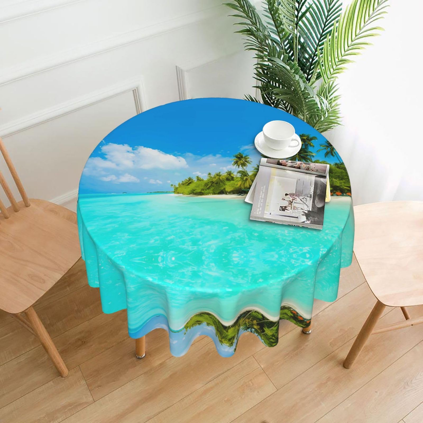 HJFCZH Island with Sandy Beach and Palm Tree Prints Round Decorative Tablecloth 60in - High-Grade Polyester Throw for Dinners, Weddings & Everyday Use