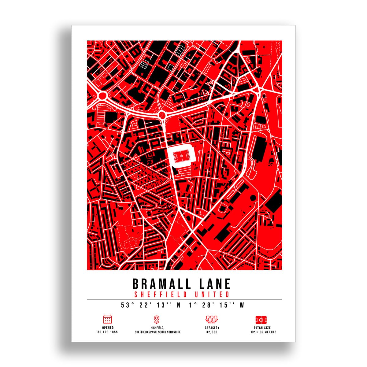 Mounted Gifts Trading A3 Poster Only Bramall Lane Stadium Map Minimalist A4/A3 Poster Photo Print Framed Gift Sheffield United (A3 Poster Only)
