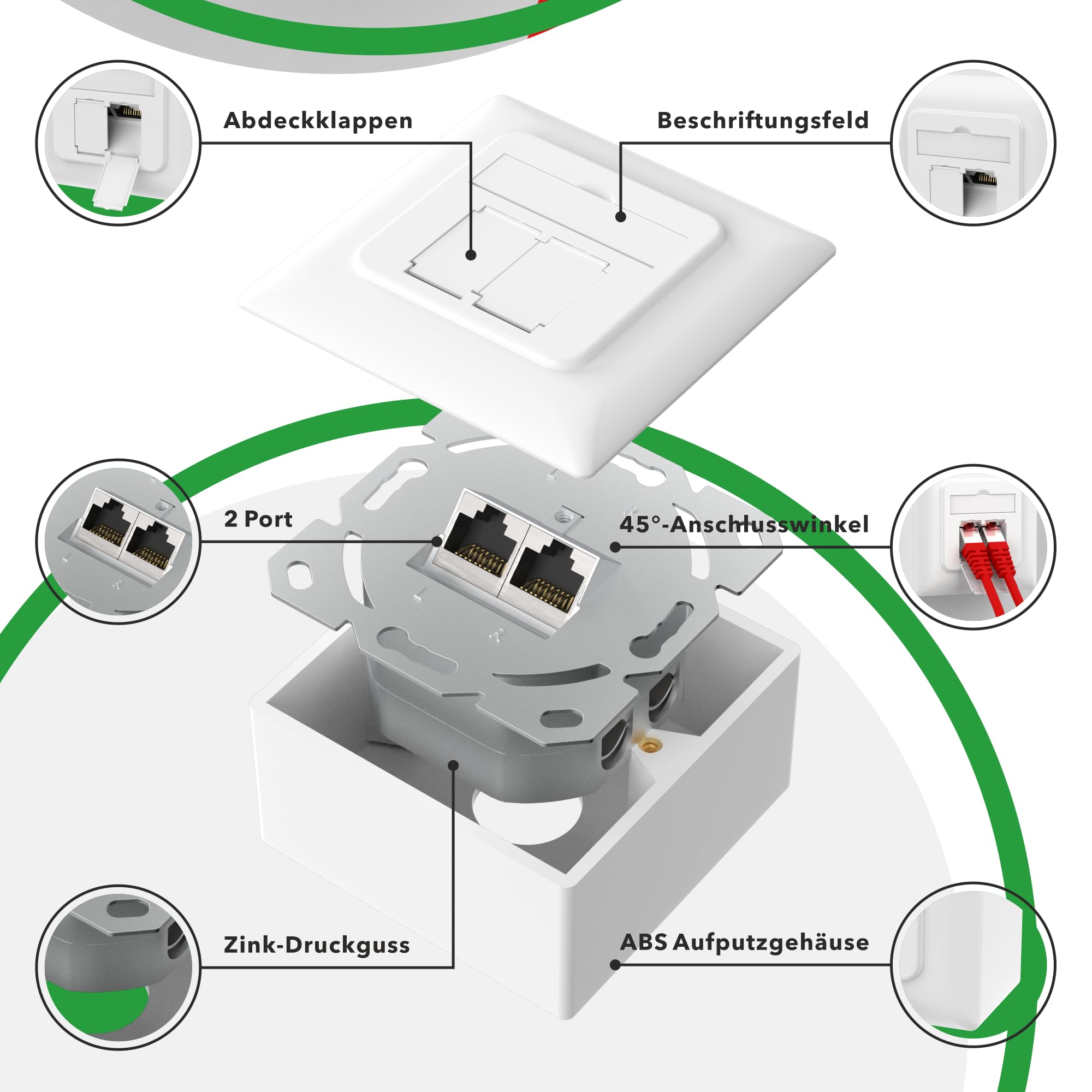 RedStar24 Lot de 4 prises réseau universelles Cat6A avec 2 ports RJ45 - Prise LAN blindée 10 Gbit/s pour montage en saillie et encastré, compatible avec CAT7/CAT6/CAT5, compatible POE, blanc de