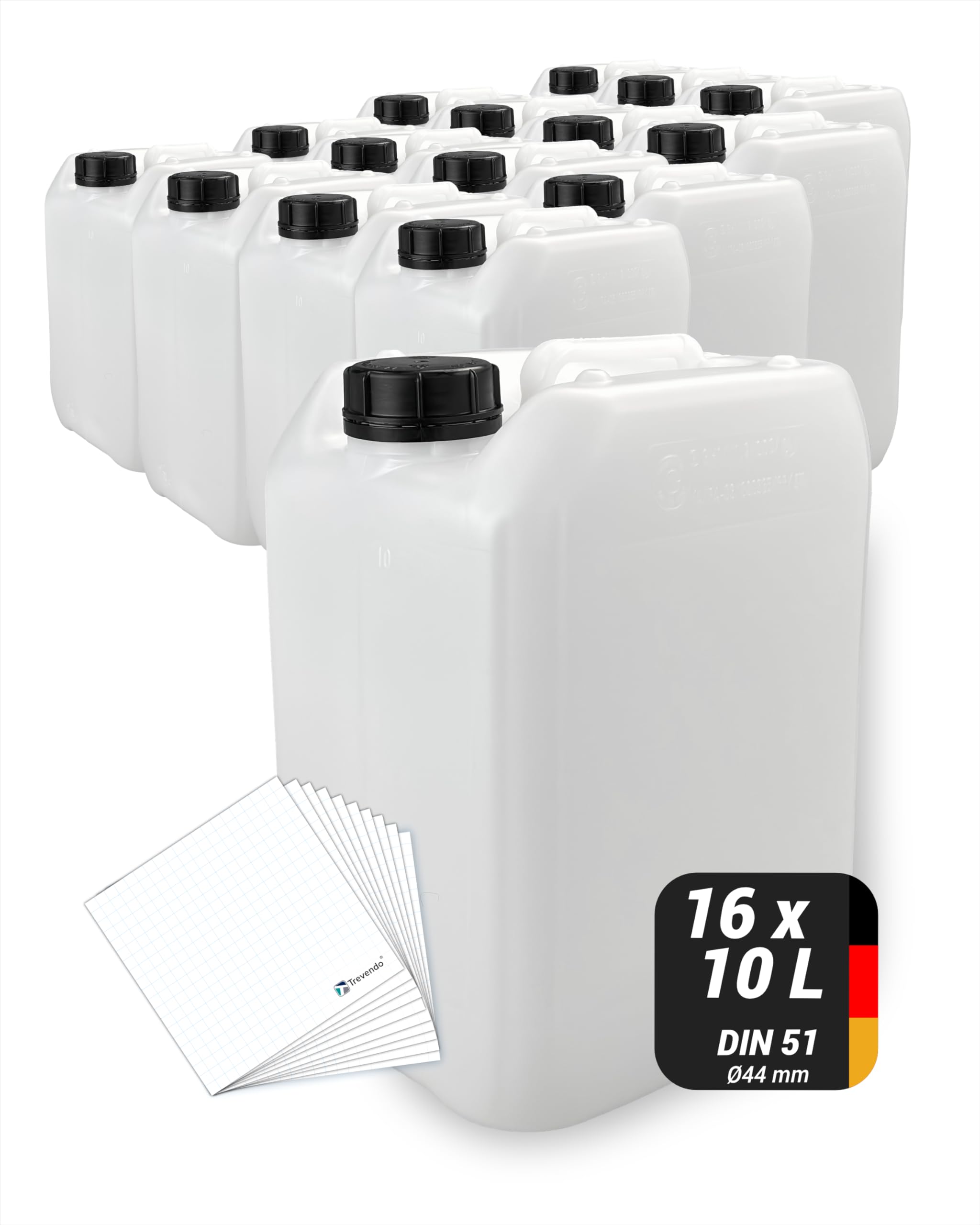 Trevendo 16er-Set Wasserkanister - Leerkanister - Kunststoffkanister (10 Liter, DIN51) - lebensmittelecht & BPA-frei - inkl. Trevendo Beschriftungsetiketten