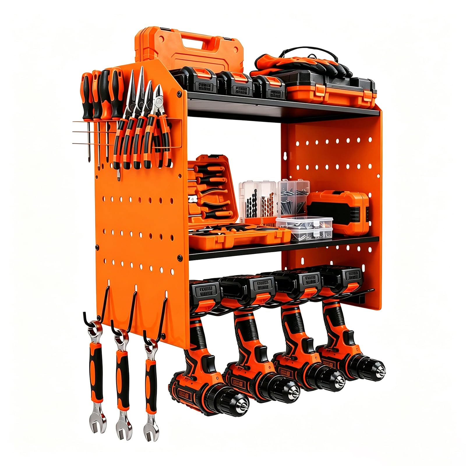 Soporte de pared para herramientas de 4 niveles, caja de almacenamiento para 4 herramientas eléctricas, taladro de impacto, portaherramientas para garaje y taller (naranja)