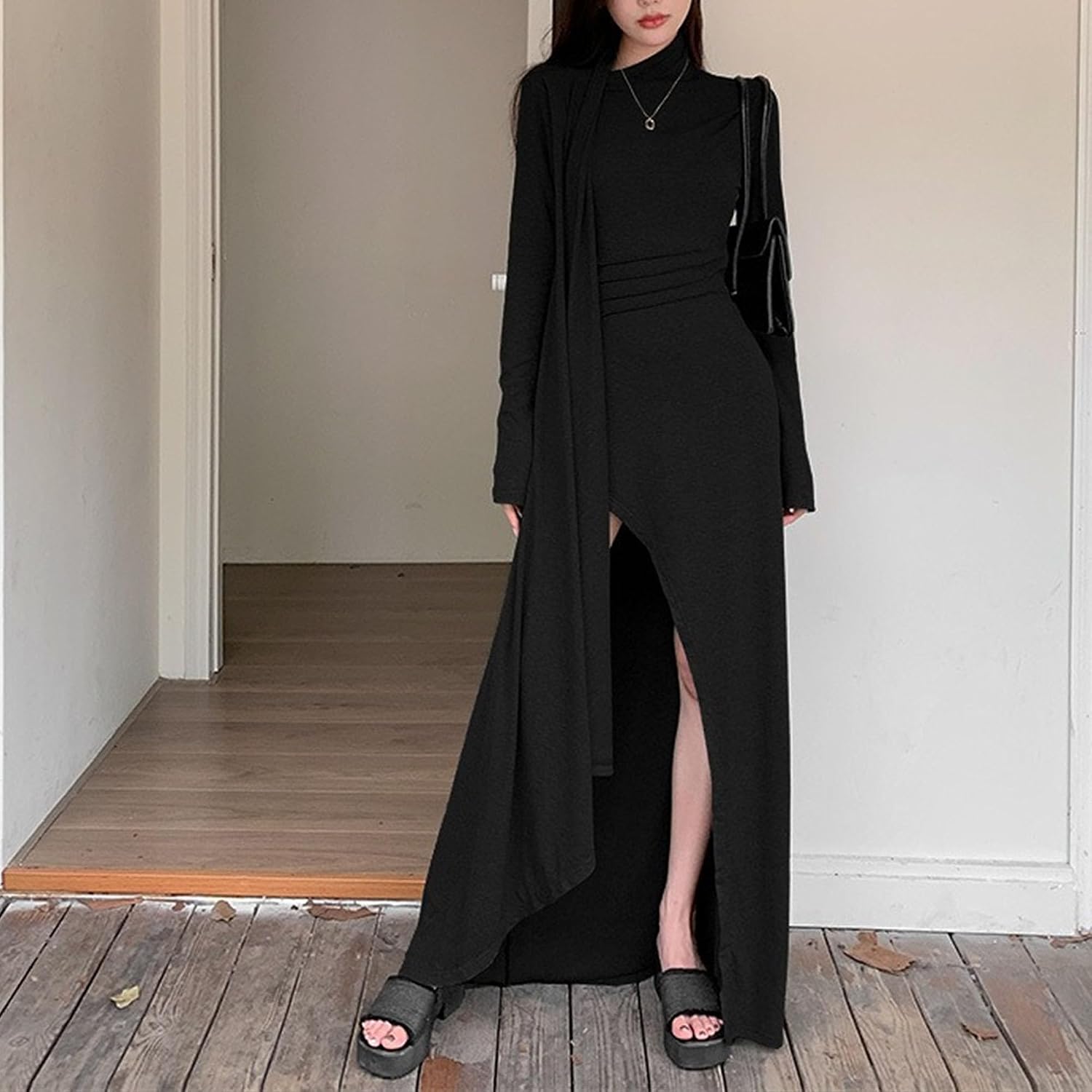 Womens Crew Neck Business Sweater Dresses High Split Cocktail Party Long Maxi Dress Elegant Long Sleeves Bodycon Outfits