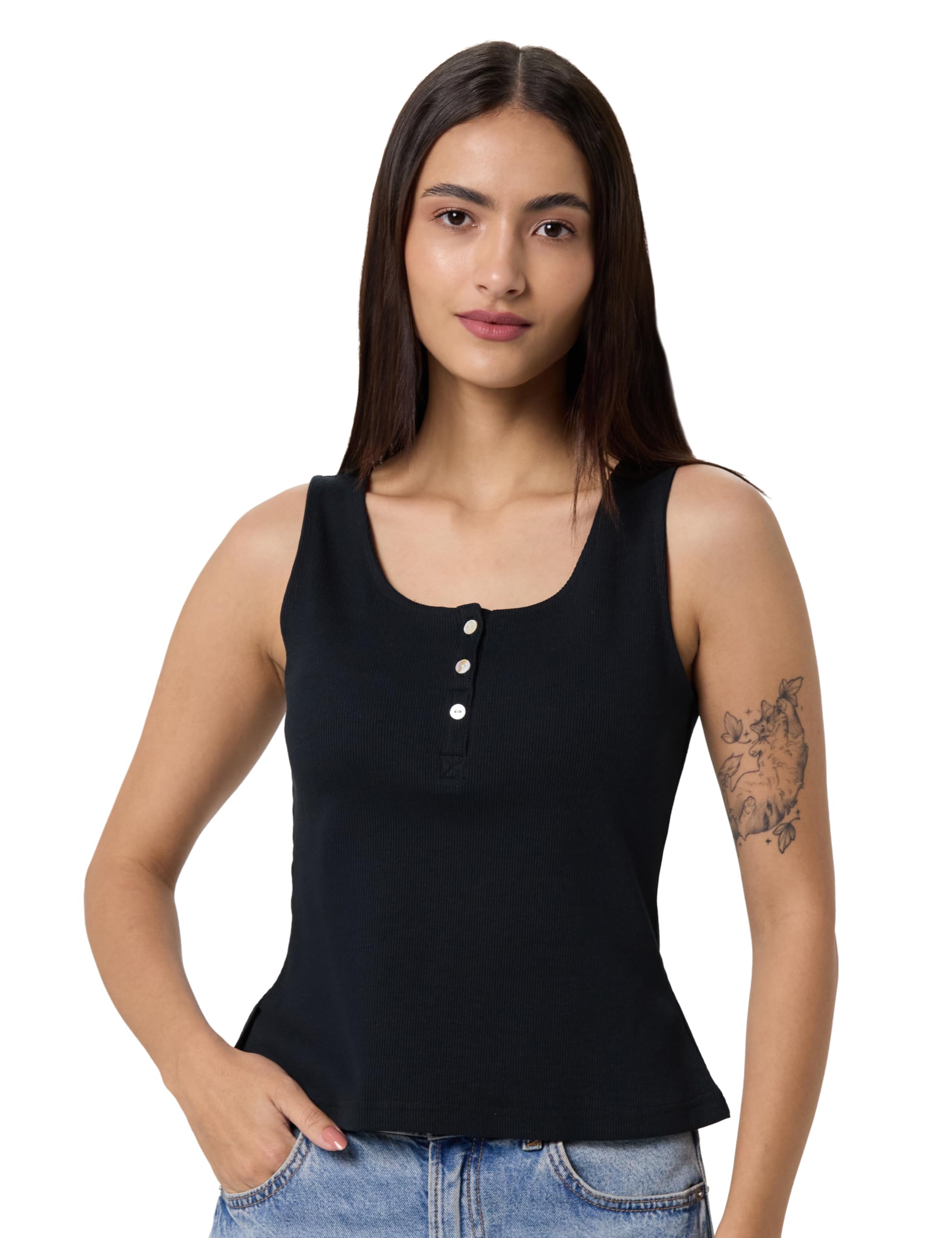 Womens Blissentials Round Neck Henley Tank, 3-Button Henley, Stretchy Fabric, Tailored Comfortable Fit, Everyday Essential-image-41