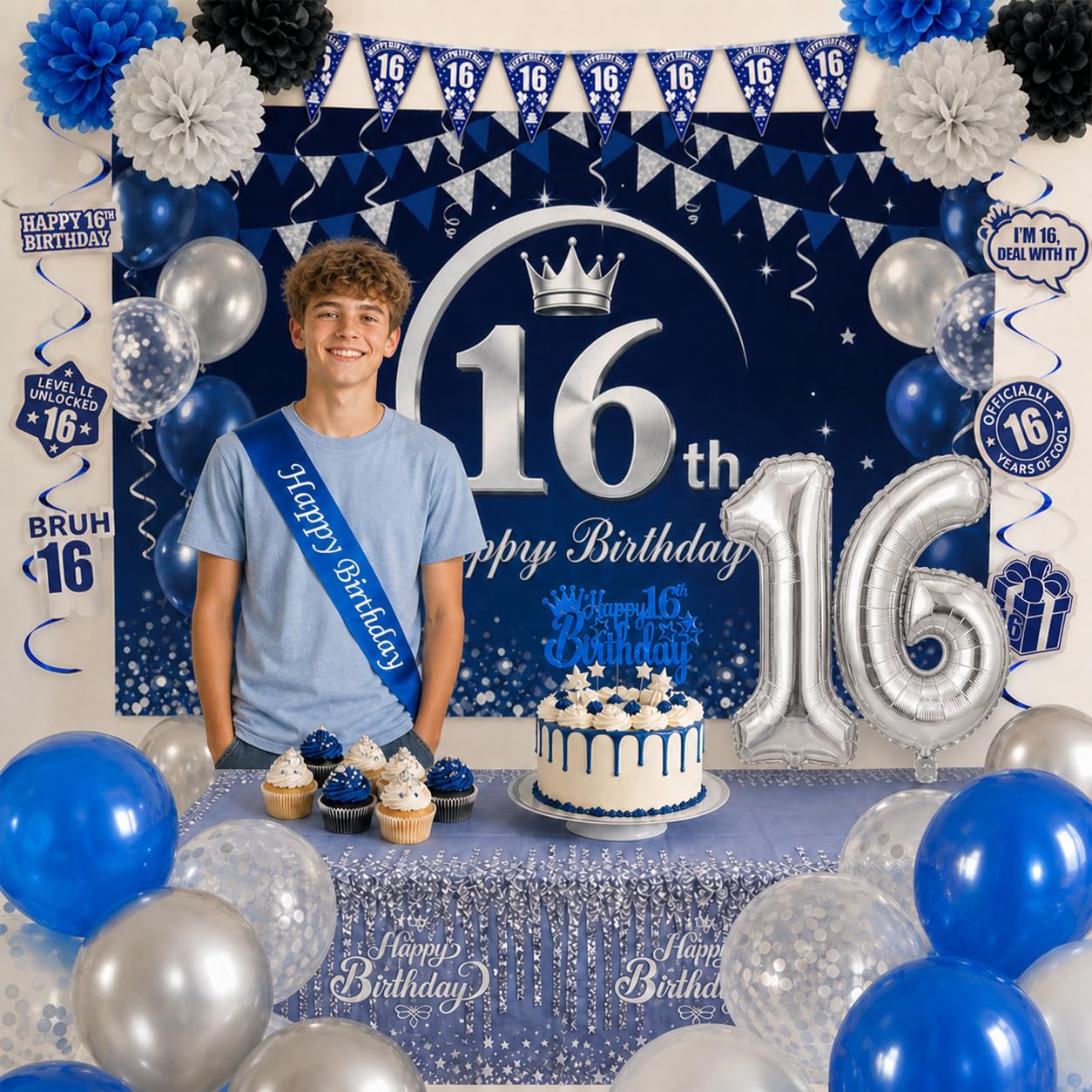 Bafeil 11th Birthday Decorations Blue Silver Party Decor Set for Men Boys