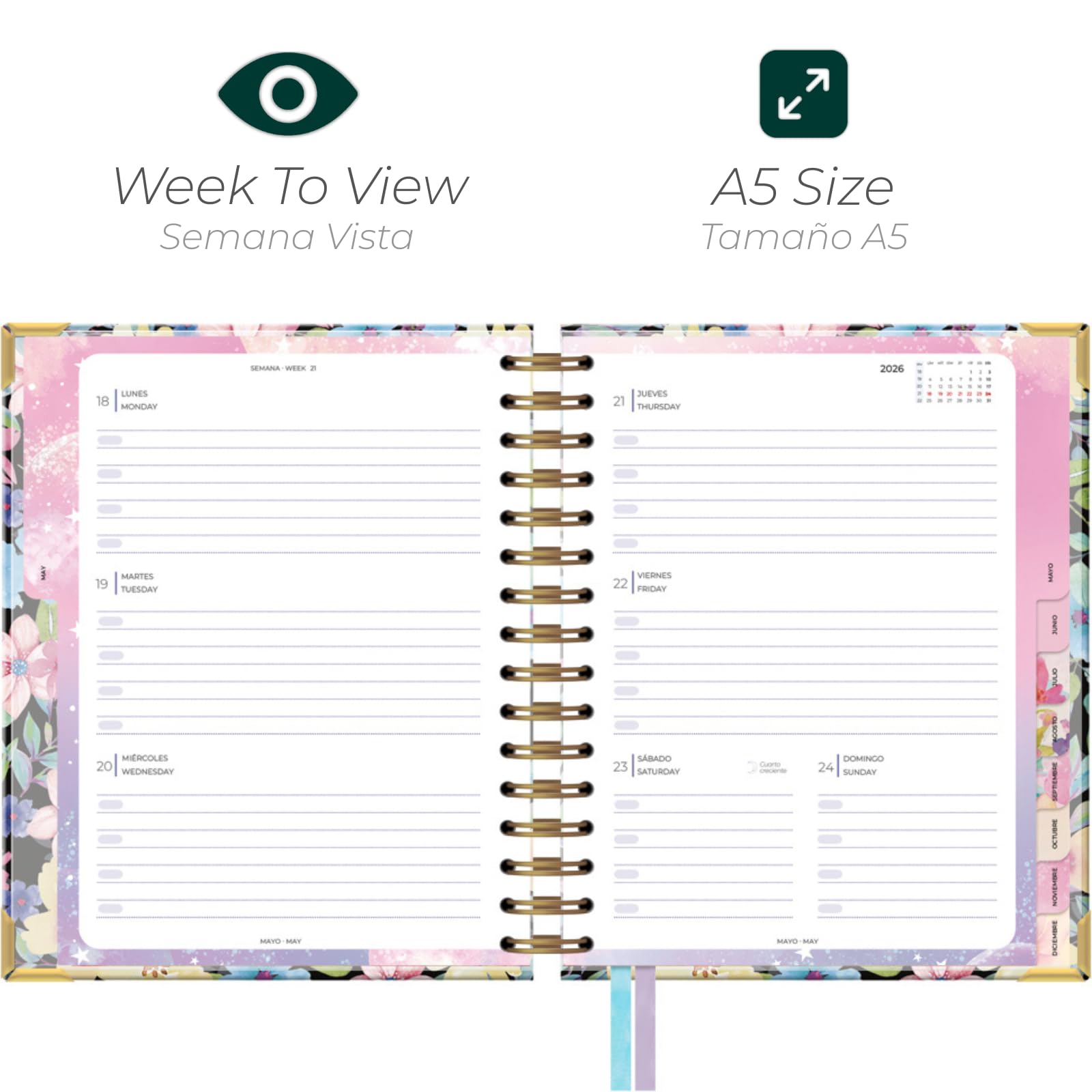 Takenote Diary 2026 - A5 Size (16.5x20.5 cm), Week-to-View, 12-Month Annual Planner January to December, Double Gold Spiral, Dual Bookmark, Elastic Band, Spanish & English - Adele - Image 2