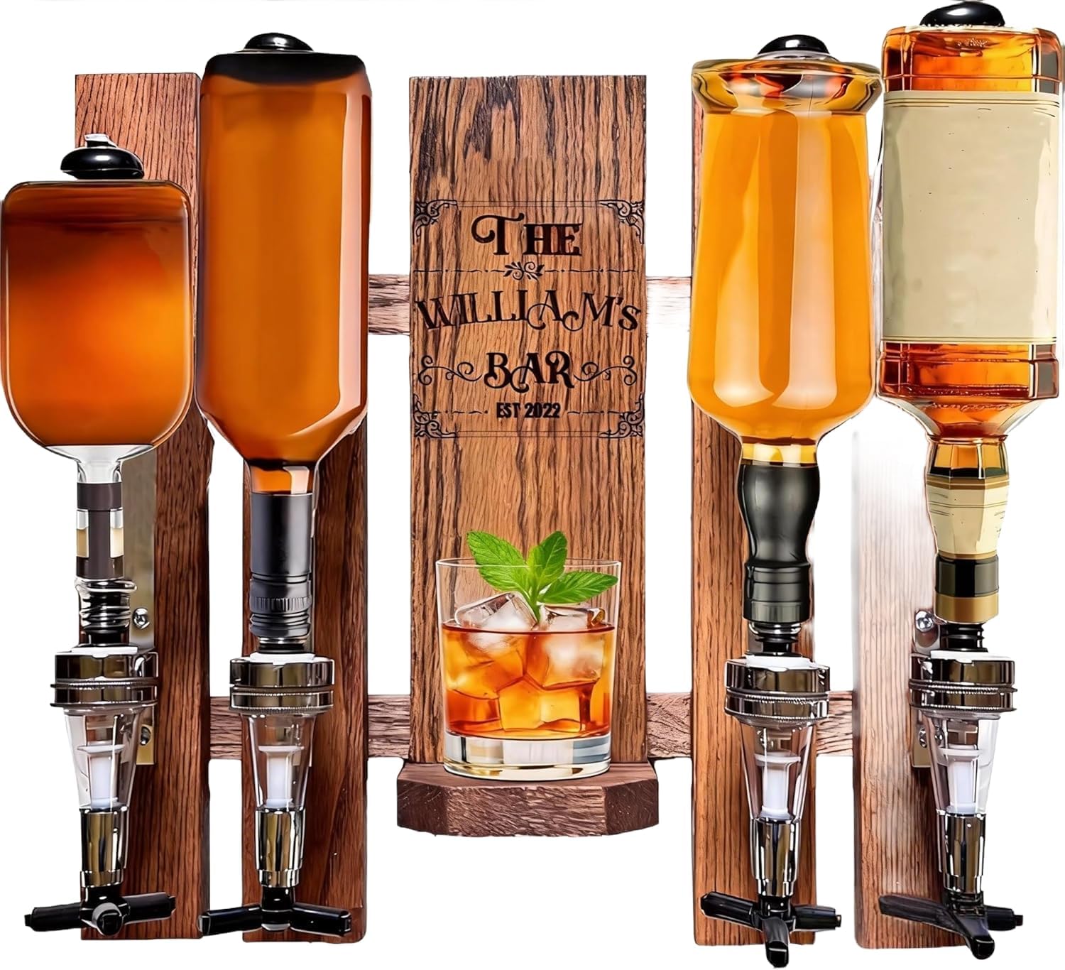 (Self-Assembly) Personalized Wall Mount Whiskey Dispenser for Men Cave, Custom Drink Dispenser with Name Wooden Whiskey Decanter Bar Decor for Husband Dad Home Bar Birthday Father's Day Valentine