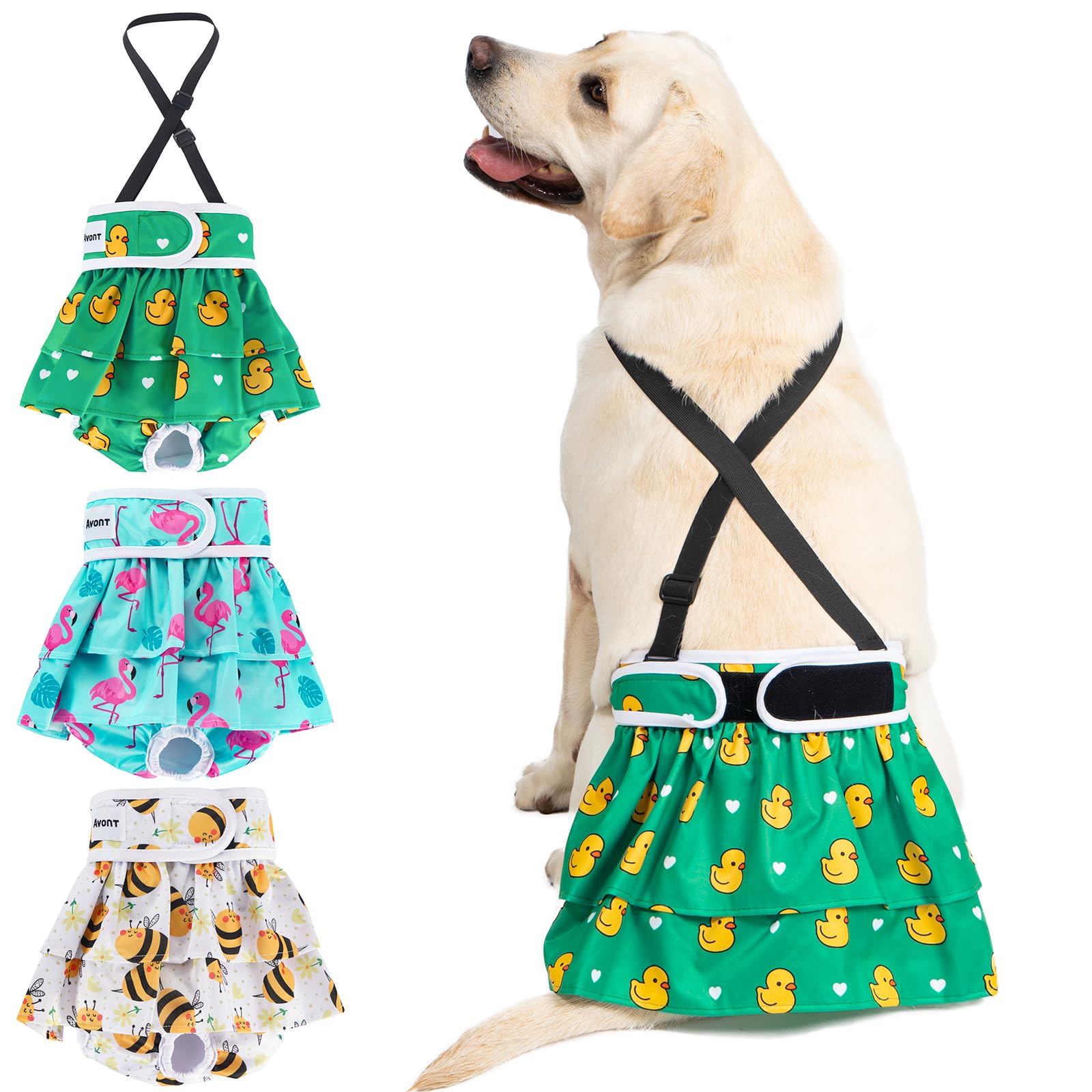 Avont 3 Pack Washable Female Dog Diaper with 1 Suspender, Reusable Girl Doggie Underwear Pants for Heat Cycle Period Incontinence Detachable Strap -