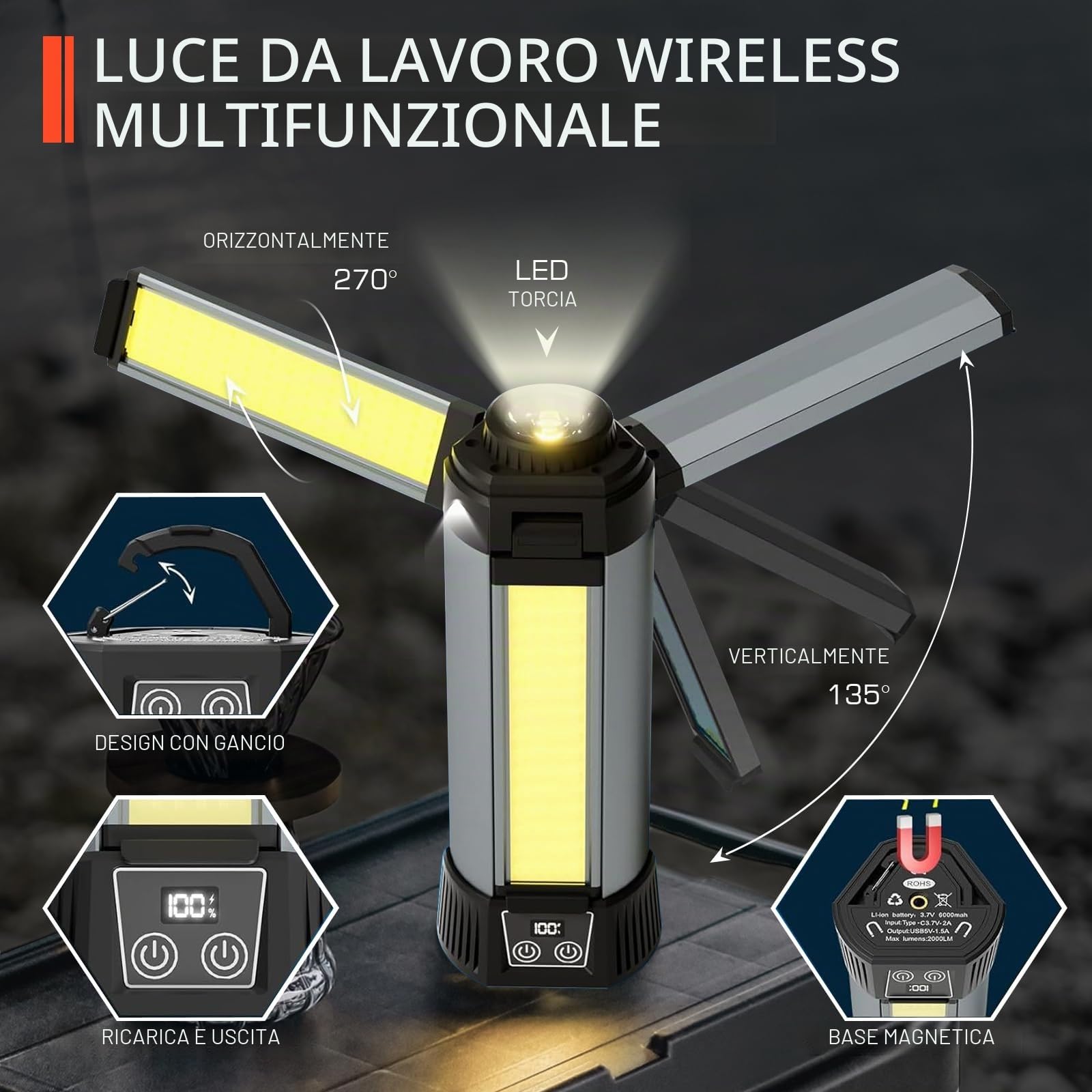Lampada Campeggio con 6000 mAh, 3 Temperature di Colore Dimmerabili | Luce di Ricerca Super Luminosa, Luce da Lavoro Senza Fili, Con Treppiede Allungabile, 2000 Lumen, Per Campeggio, Riparazione