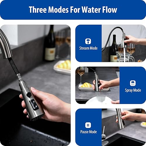 Miniatura 57 de WEWE Llave de cocina dorada cepillado con pulverizador desplegable, llave con resorte de latón/acero inoxidable, un mango, con placa de cubierta, 1