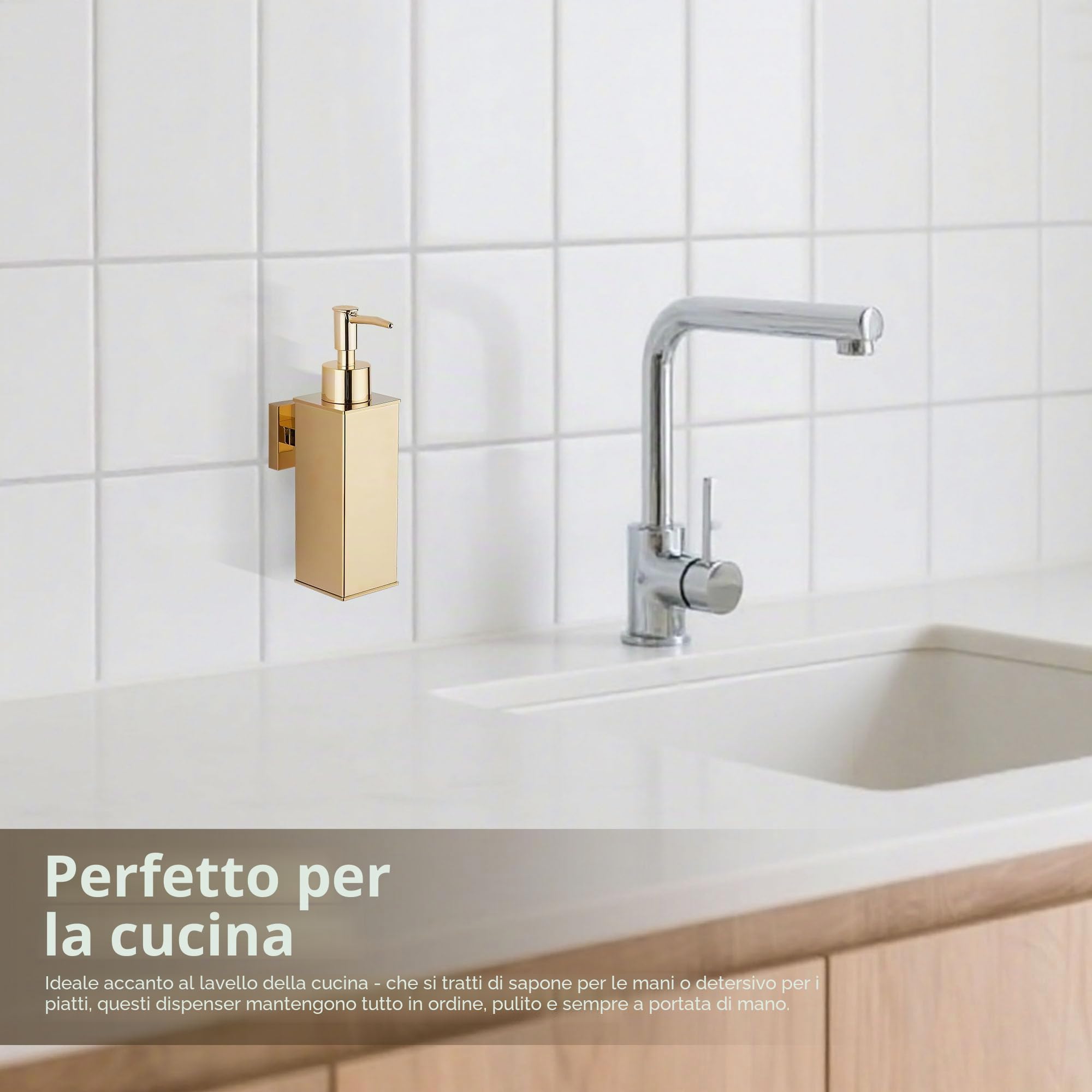 BGL Dispenser di sapone da parete in acciaio inox 304, dispenser per sapone liquido per bagno e cucina, confezione da 2, colore: oro