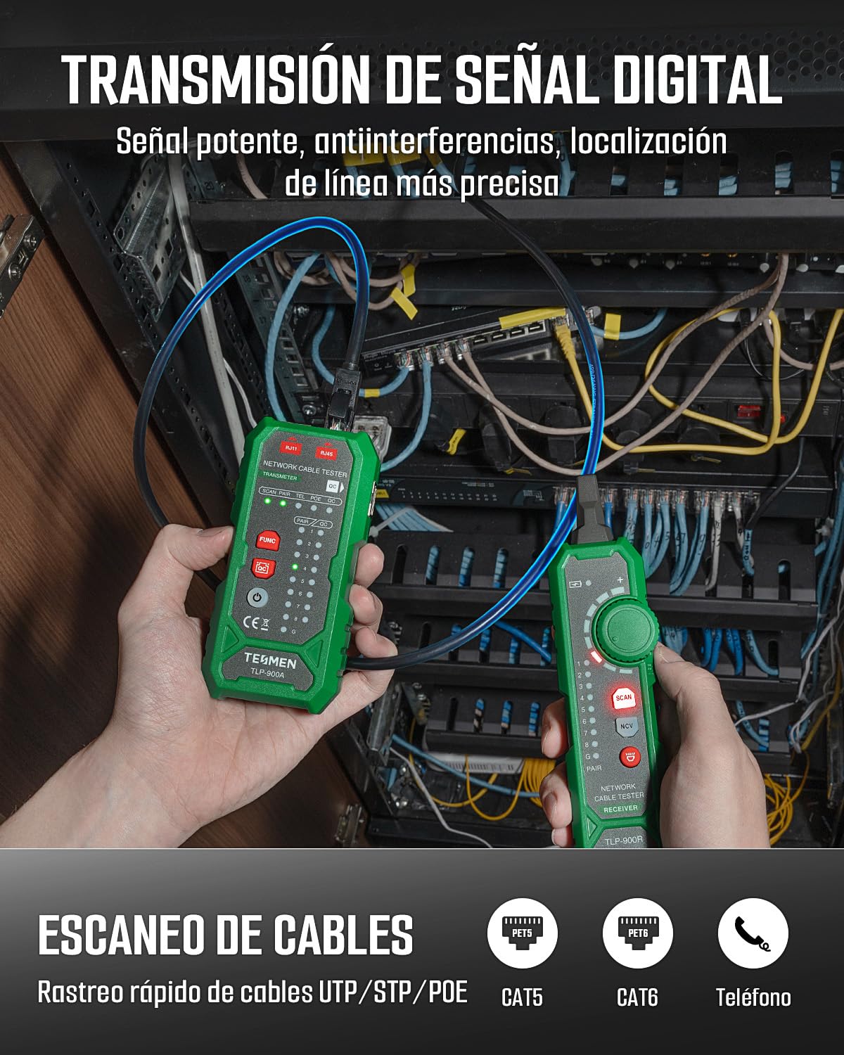 TESMEN TLP-900AR Comprobador de cables de red, RJ11 RJ45, para CAT5/6/POE/STP, con emparejamiento, Continuidad, QC&NCV, apto para Ethernet, Teléfono, mantenimiento y clasificación de cables -verde