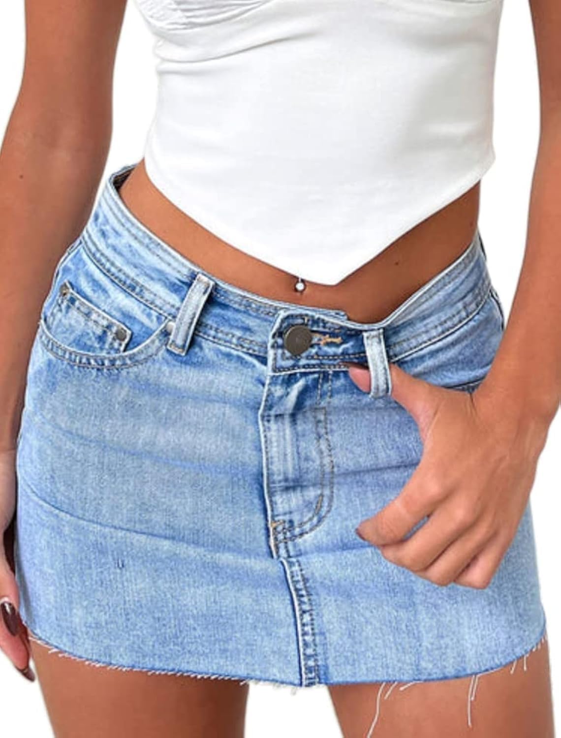 Just Quella Women's Stretch Jean Skirt Fringed Slim Fit Denim Bodycon Mini Skirt