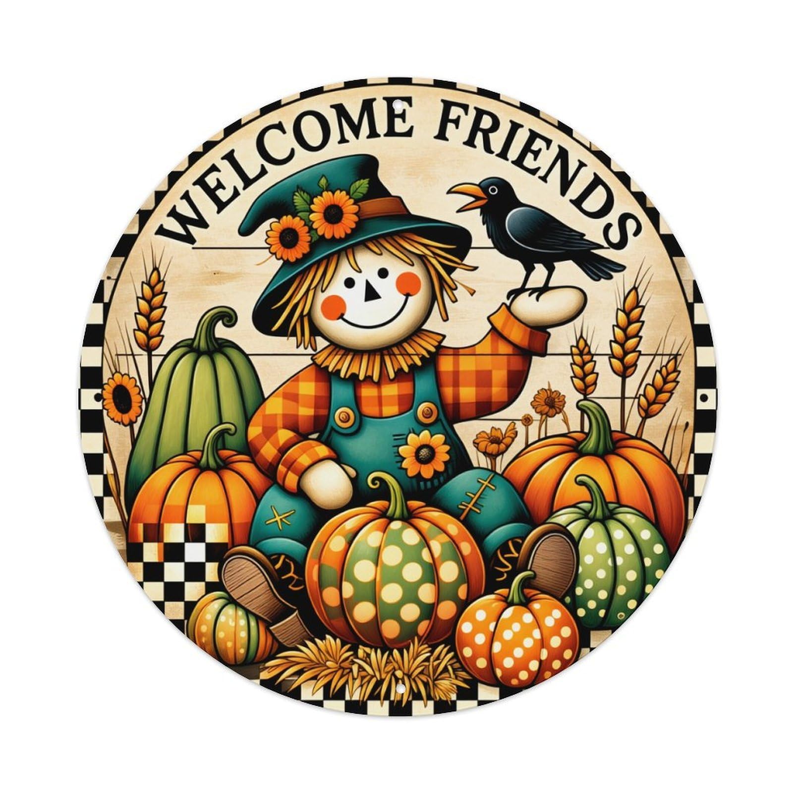 Scarecrow Pumpkin Autumn Harvest Welcome Round Tin Sign Retro Metal Sign for Cafe Bar Pub Home Game Room Gym Club Wall Decoration Vintage Metal Poster 8x8 Inch