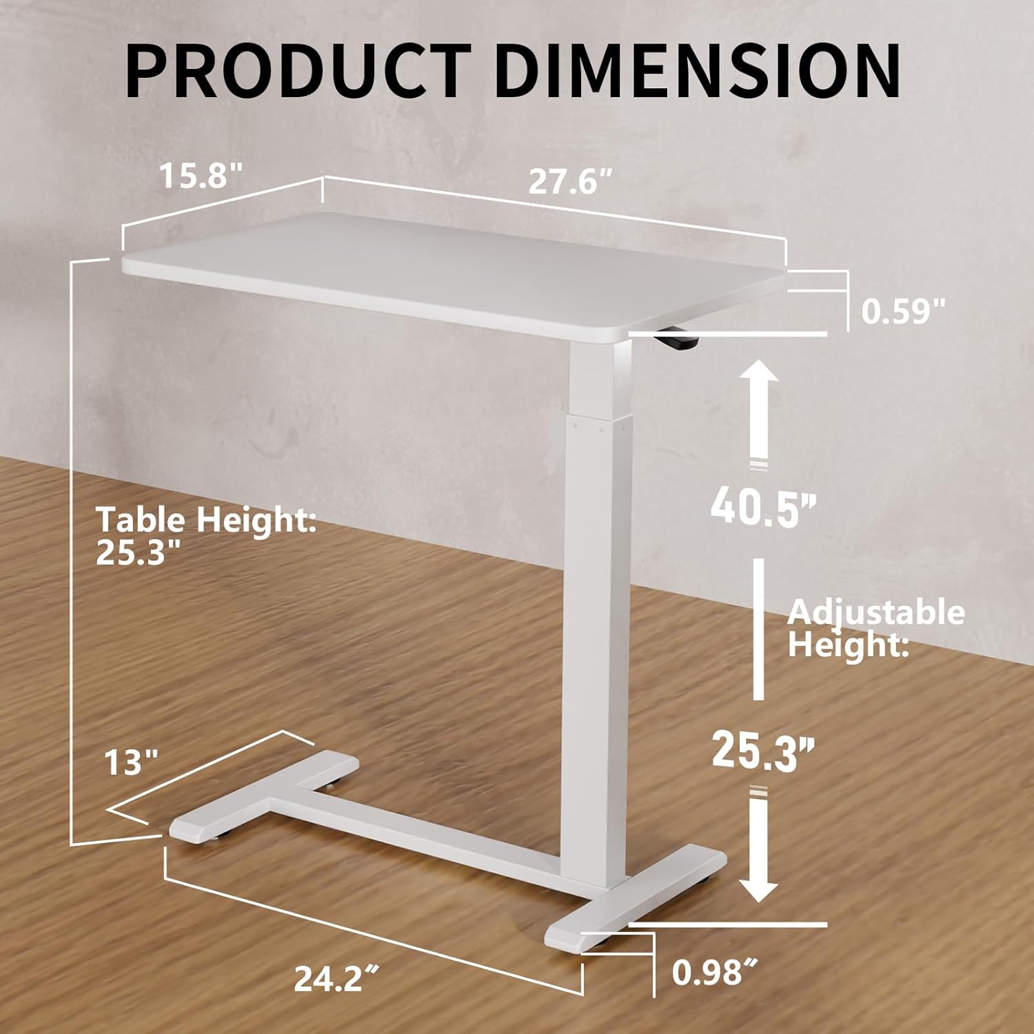Ywin Medical Adjustable Overbed Bedside Table with Wheels, Rolling Standing Desk, Pneumatic Small Side Bed Table with Tray for Couch, Hospital, Home,Office Use (White)