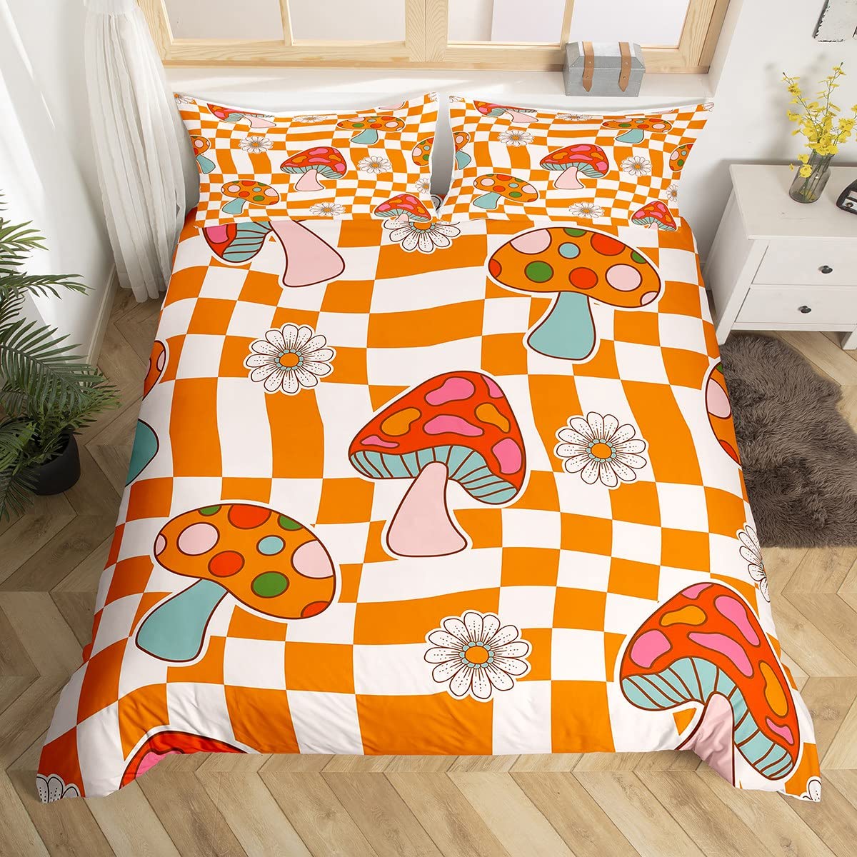 Retro 60s 70s Groovy Flower Duvet Cover,Kawaii Trippy Mushroom Bedding Set for Girls Women Adult,Cute 1970 Daisy Hippie Comforter Cover Queen,Orange White Plaid Checkered Bed Cover with 2 Pillowcases