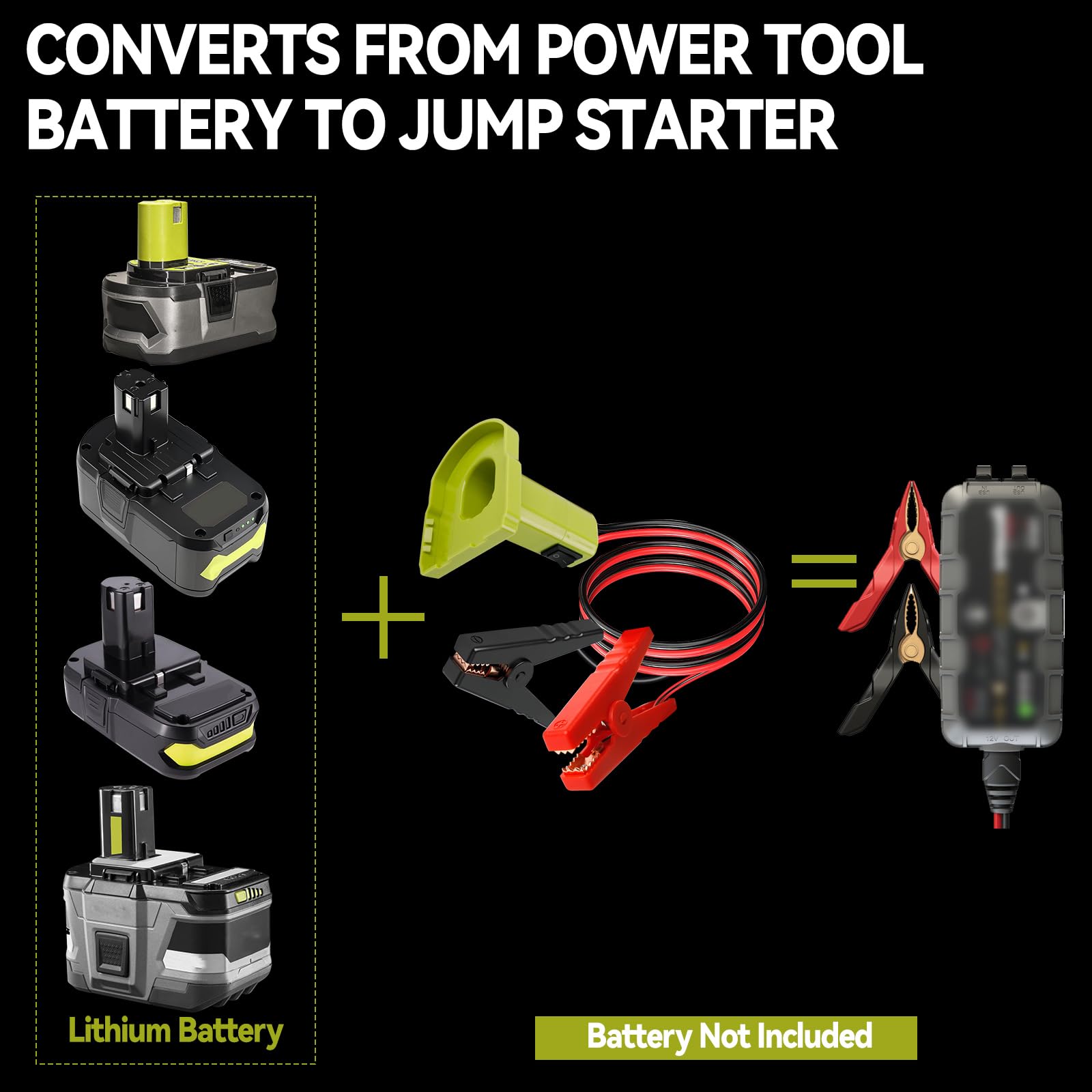 Adaptateur de démarrage pour voitures, compatible avec batterie Ryobi 18 V, 12 AWG, 1,8 m, démarreur portable, câble de démarrage pour voitures, alimentation pour démarrer les véhicules légers (Vert