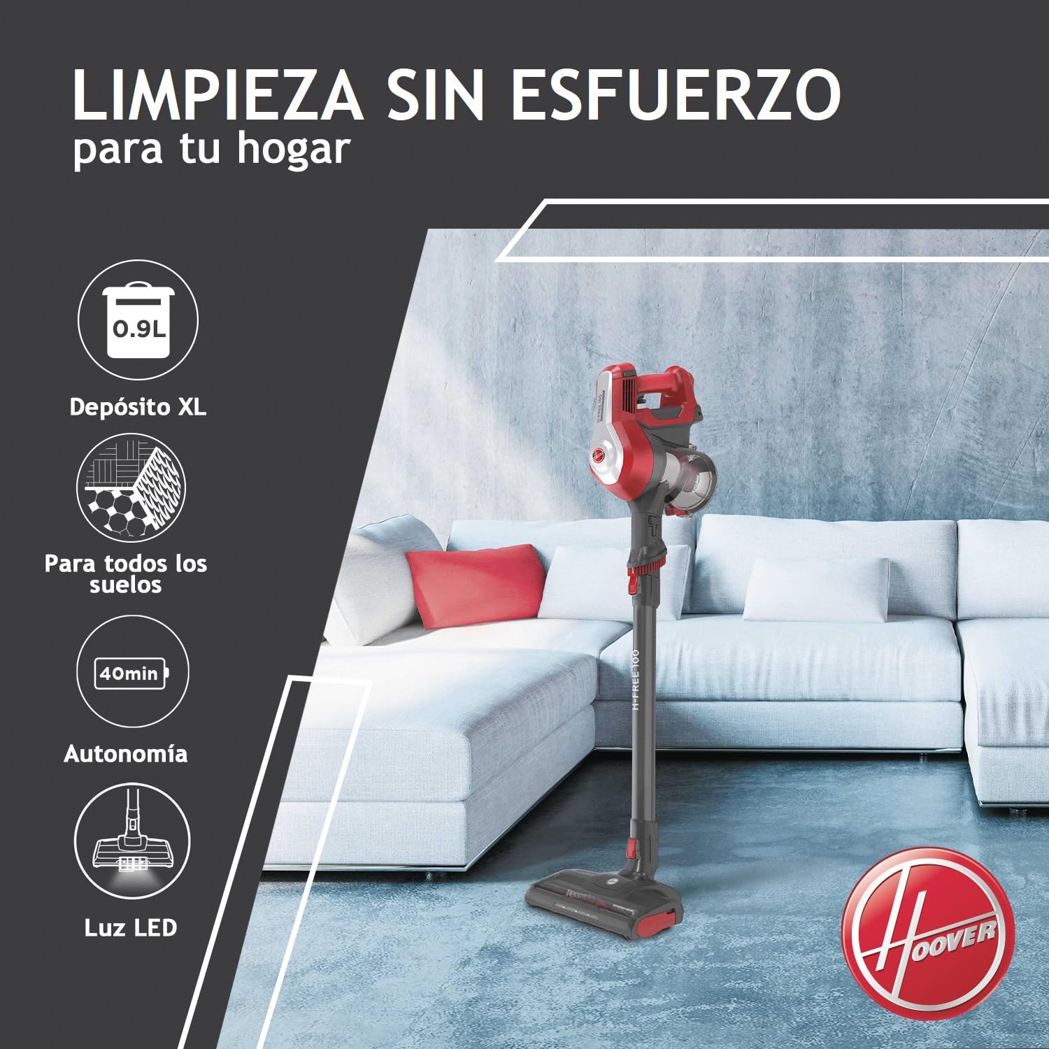 Hoover H-FREE 100 HOME HF122RH Aspiradora Escoba sin Cable y de Mano, sin Bolsa, 3 en 1: Escoba, de Mano y Vertical, Autonomía 40min, Posición parking, Ciclónico, Luces LED, 6500Pa