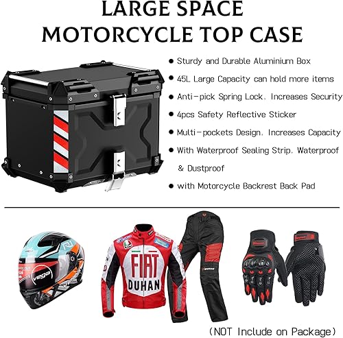 Miniatura 7 de Maleta superior de motocicleta de 45 L, calidad premium Caja de aluminio resistente con cerradura de seguridad para guardar el equipaje del casco,