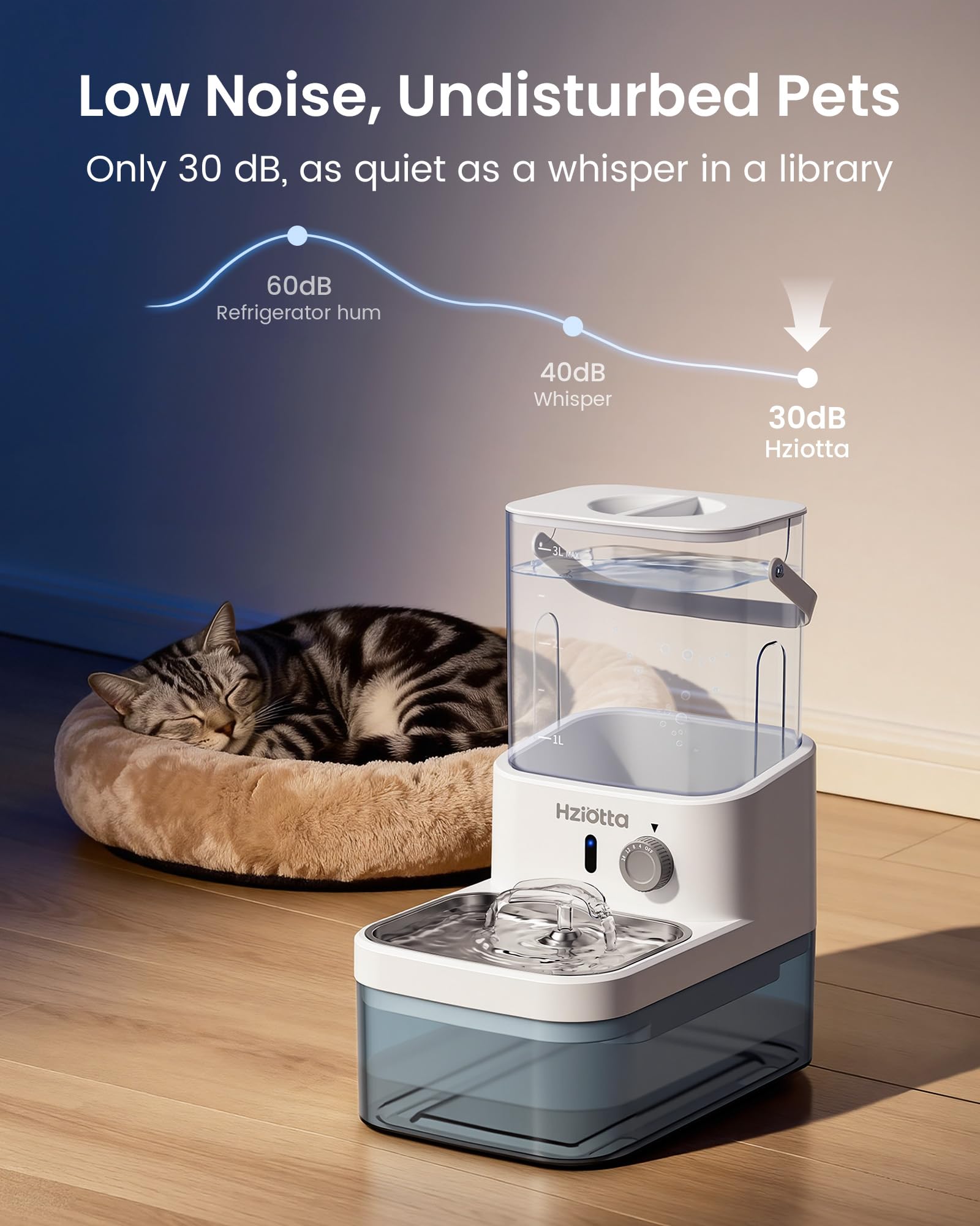 Fuente de Agua para Gatos Sin Filtro, 4000mAh 25+ Días, 3L Tanque Fresco & 2.7L Residual Separados, Ultra Silenciosa con Sensor Radar para Gatos y Perros