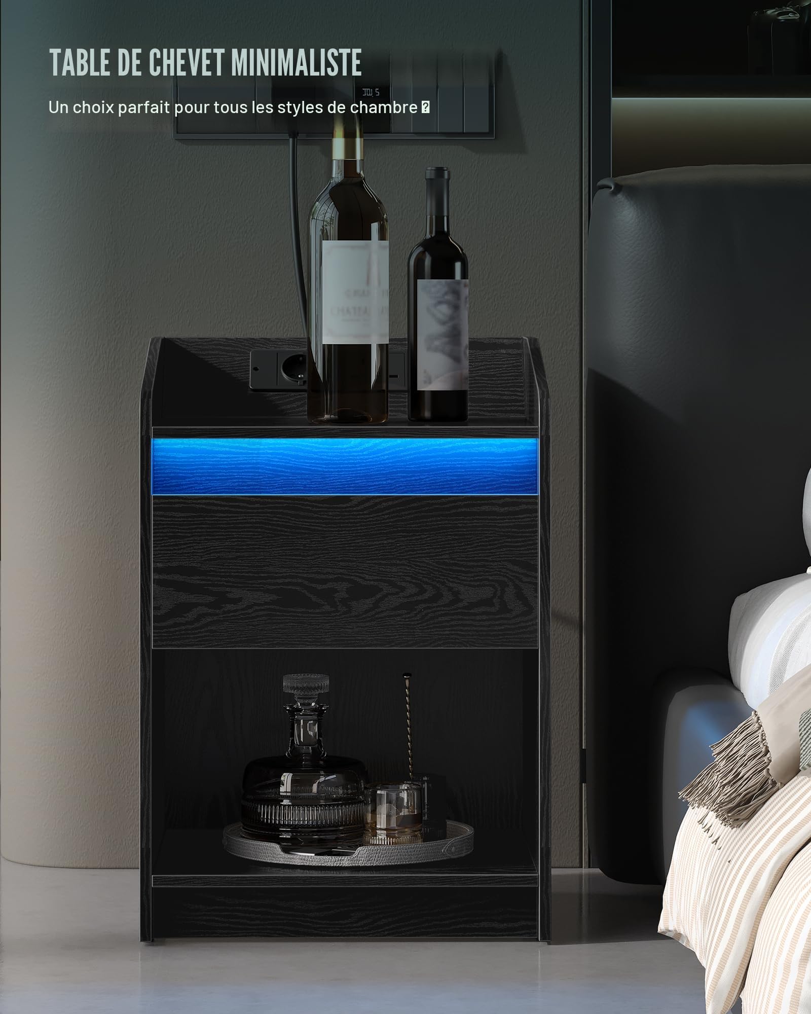 Hzuaneri Table de Nuit avec lumière LED, Tables d'appoint avec Station de Charge, 1 tiroir de Rangement Table de Chevet pour Chambre à Coucher, Salon, 2 Ports USB, Noir NS04804X1