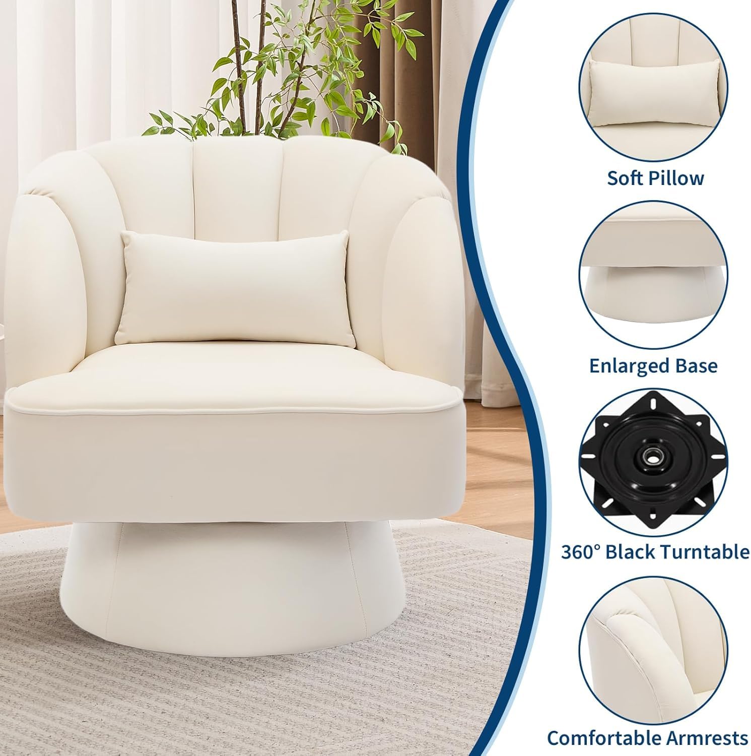 Poltrona girevole moderna in velluto a 360 gradi con schienale a righe e imbottitura in peluche, comoda poltrona rotonda per soggiorno, camera da letto, angolo lettura, beige