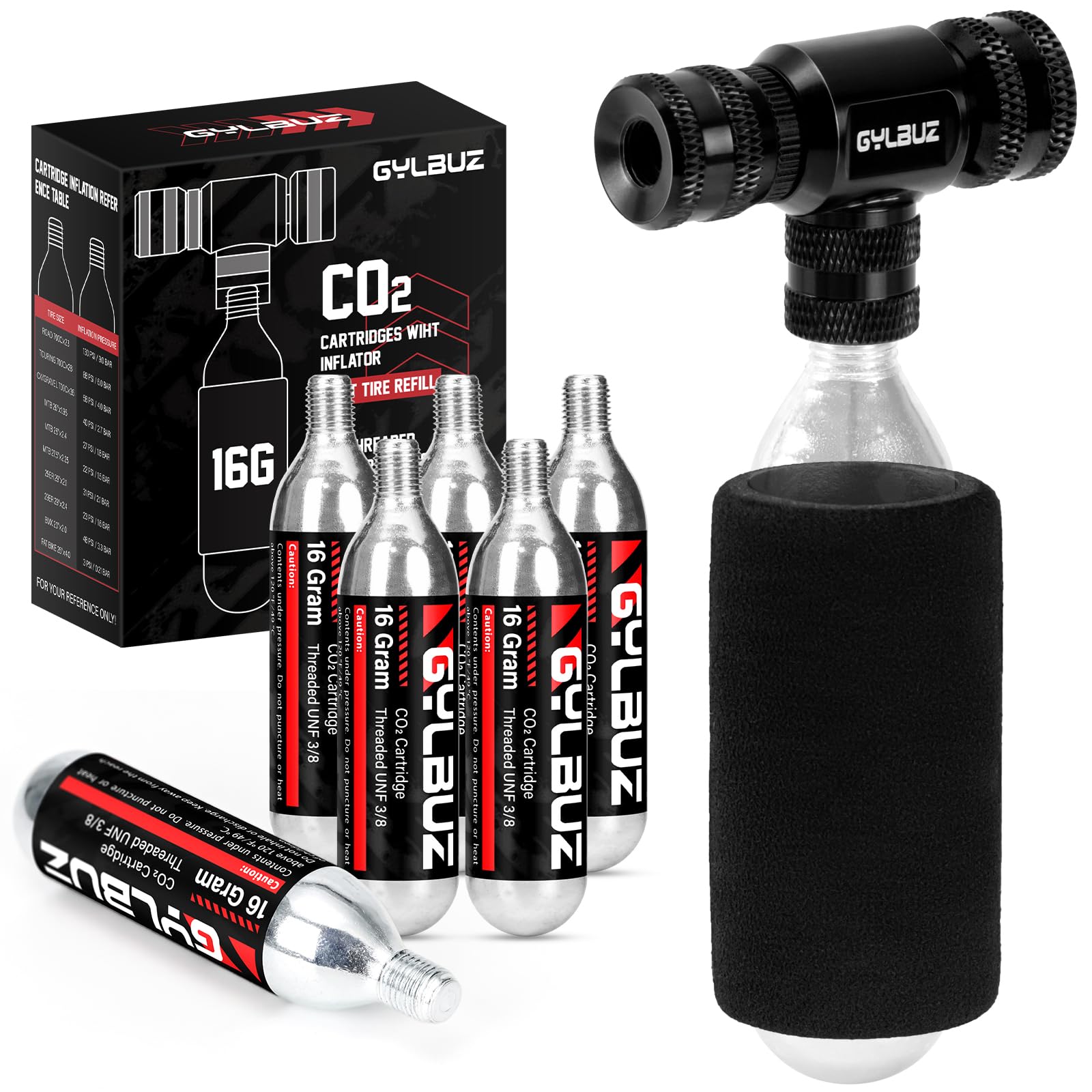 Gonfiatore di CO2 con 6 cartucce di CO2 da 16 g, compatibile con valvole Presta e Schrader, pompa portatile per pneumatici da bici con manicotto isolato, per bici da strada e mountain bike