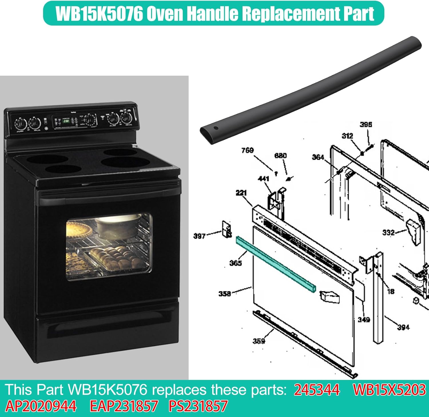 Upgraded WB15K5076 Oven Door Handle Replacement Compatible with GE Oven Range Stove, fit Hotpoint Kenmore Electric Range Oven Door Handle, Replaces WB15X5203, 245344, AP2020944, PS231857, Black