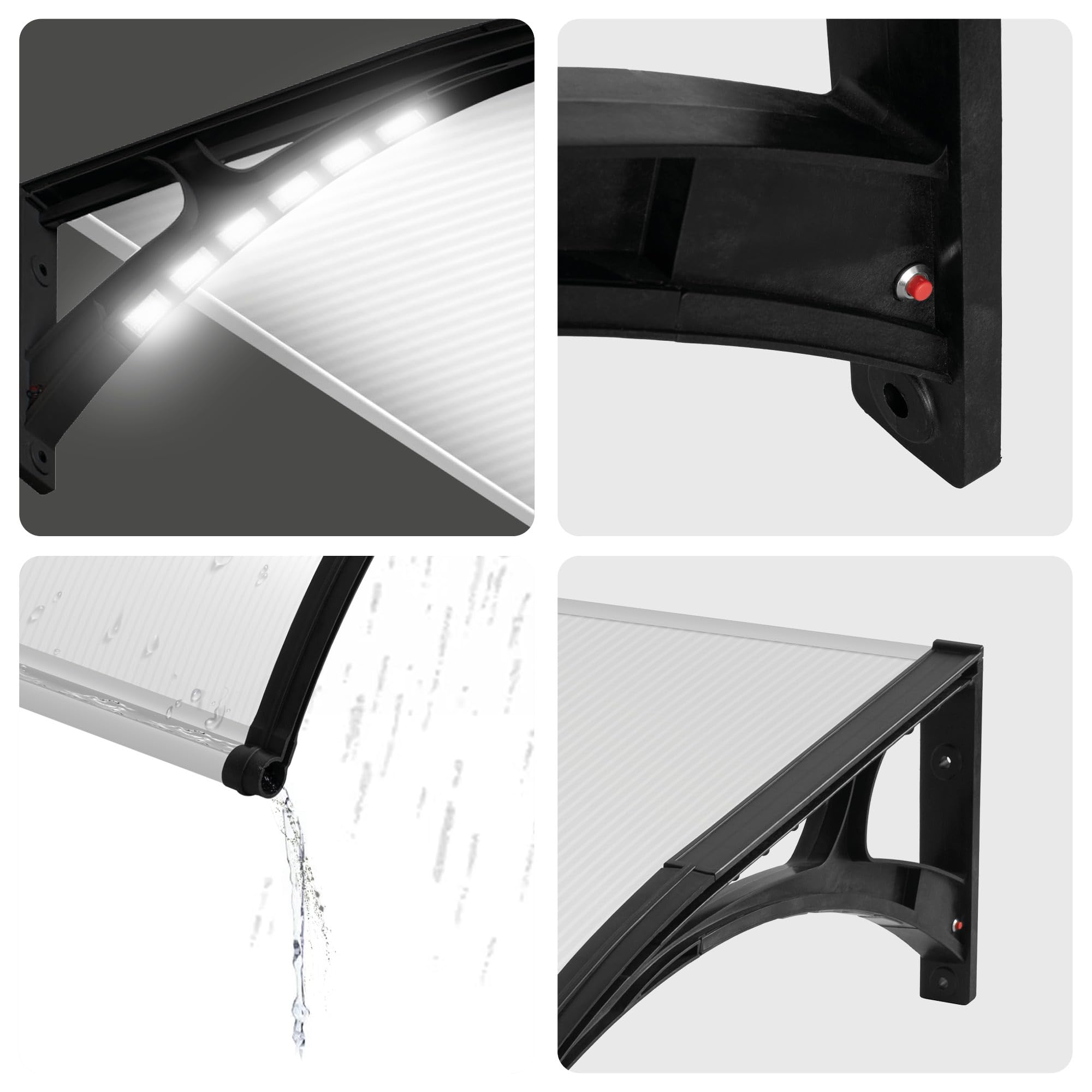 Wasabi - Marquesina Puerta Exterior 150x100cm Light Solar LED – Policarbonato 5,2mm – Soportes Reforzados de Plástico – Incluye Luz Solar LED – Tejadillo Protección Lluvia Ventana Resistente