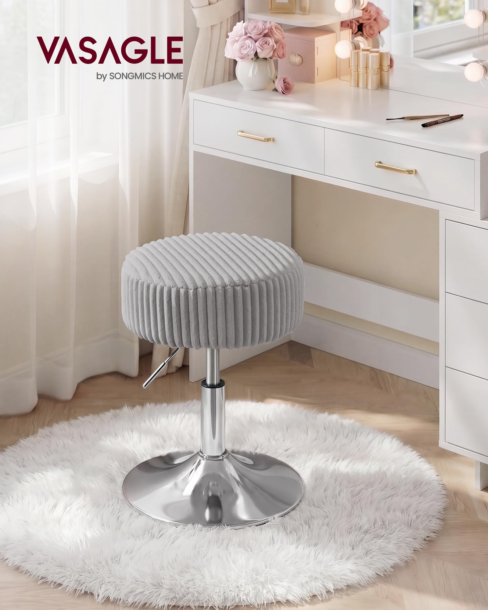 VASAGLE Taboret Kosmetyczny, Regulowana Wysokość, 38,5 x 38,5 x 44-56 cm