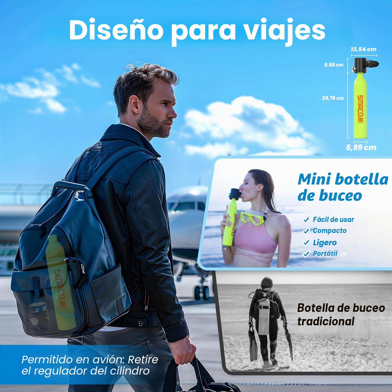 SMACO S300 Mini Botella de Buceo 0,5 litros Portatil Bombona de Buceo para Respiración Subacuática Pequeñas Botella Submarinismo Tanque de Buceo Recargable para Viajes Nadar Rescate