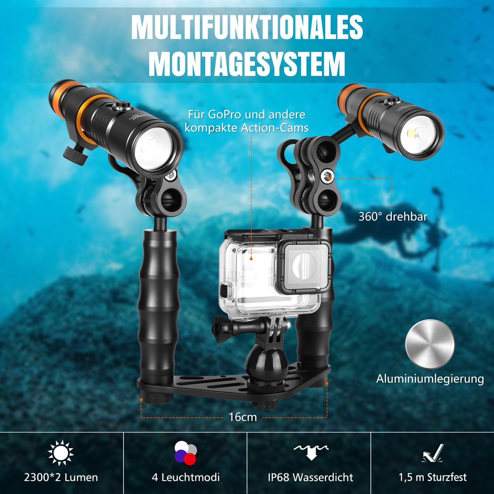 ORCATORCH D710V MK2 Duales Videolicht Tauchen Set 4600 Lumen, 120° Weitwinkel Unterwasser Tauchlampe Weiß Rot Fluoreszenzlicht, Kamera Schiene Halterung IP68 150 m für Unterwasserfotografie