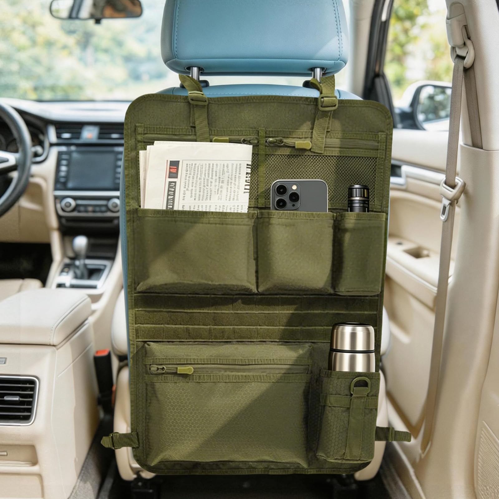Borsa tattica per sedile auto, verde oliva, 42 x 62 cm, per SUV, MPV | Borsa tattica per zaino in tessuto Oxford, 42 x 62 cm, per auto, SUV, MPV, ideale per viaggi e pendolari.