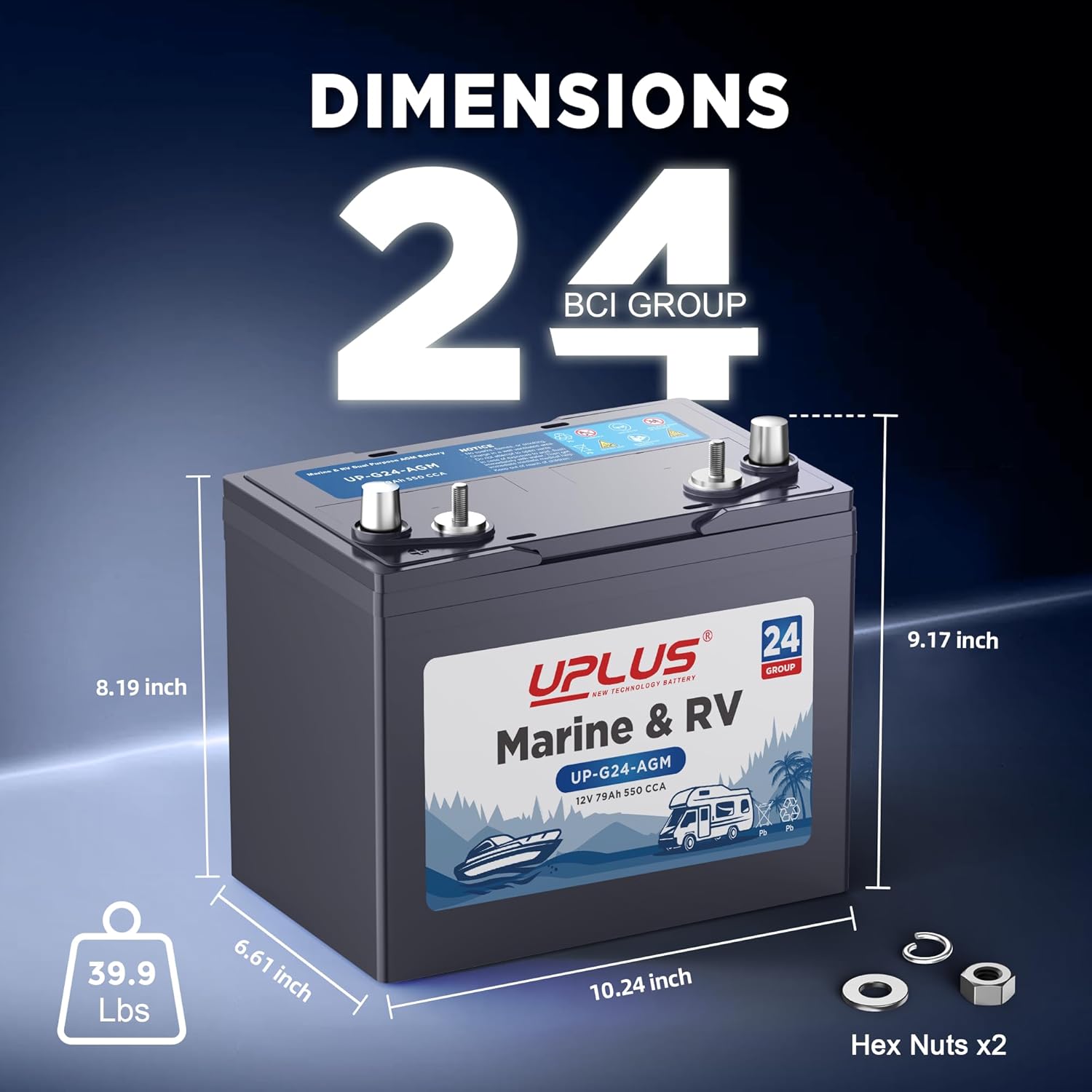 UPLUS BCI Group 24M Dual Purpose Marine Battery, 12V 79AH 550CCA AGM Starting and Deep Cycle RV & Boat's Batteries for Navigation Devices, Lights and Engines