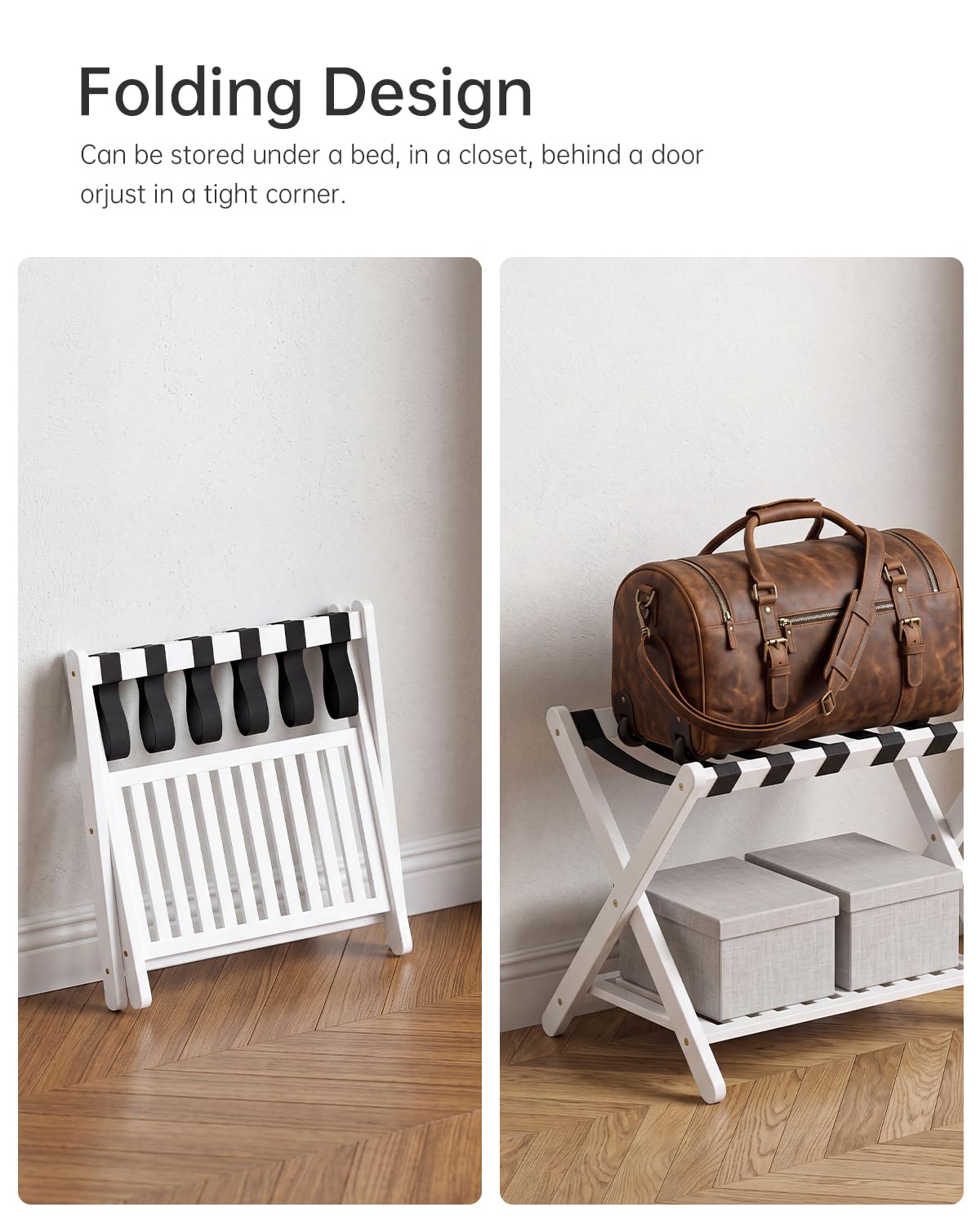 SMIBUY porte-bagages, paquet de 2, porte-valise pliable en bambou avec étagère de rangement pour chambre d’amis, chambre à coucher, hôtel, robuste (blanc)