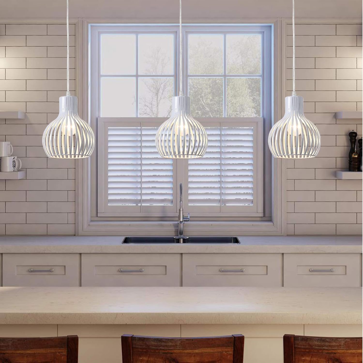 Industrial Plug in Pendant Lighting Metal Wire Cage Hanging Light Fixture with 14.27 Ft Hanging Cord and On/Off Switch (White)