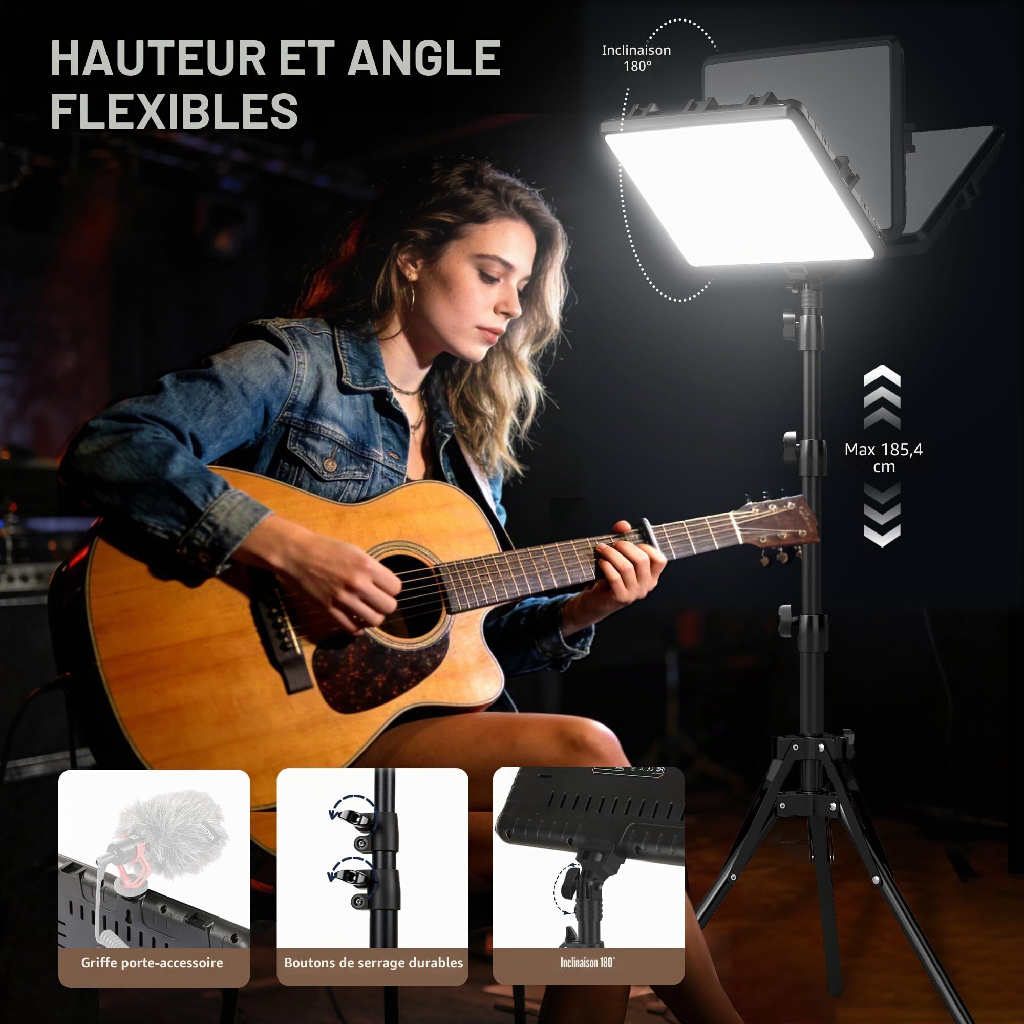 Lot de 2 Kits d'éclairage Vidéo Panneau LED 22 W, Lumière de Studio à Intensité Variable 2900-7000 K avec Trépied et Chargeur, Lumière pour Enregistrement Vidéo, Prise de Vue, Youtube