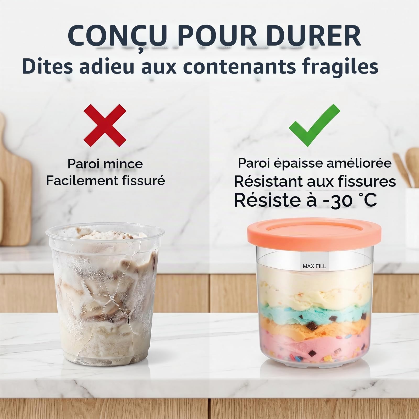 Conteneurs pour Ninja Creami, Lot de 4 Tasses de Remplacement & Ensemble de Conteneurs Deluxe, Tasses de 500ml avec Couvercles Colorés, sans BPA et Lavables au Lave-Vaisselle, Compatible