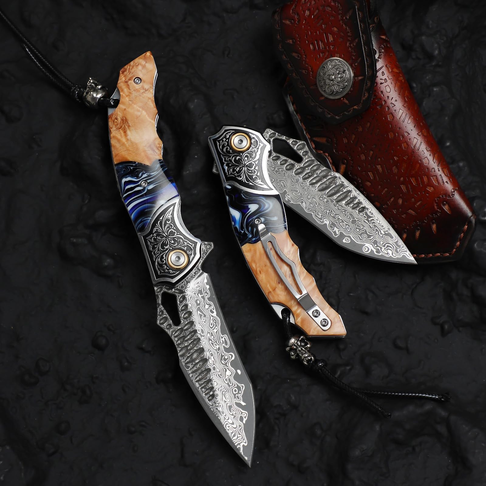 Handgefertigtes Klappmesser aus Damaszenerstahl, 8" EDC-Taschenmesser für Herren, inklusive Lederscheide und Taschenclip, Griff aus Ahornholz mit Harzbeschichtung – ein EDC-Messer, das sich ideal für