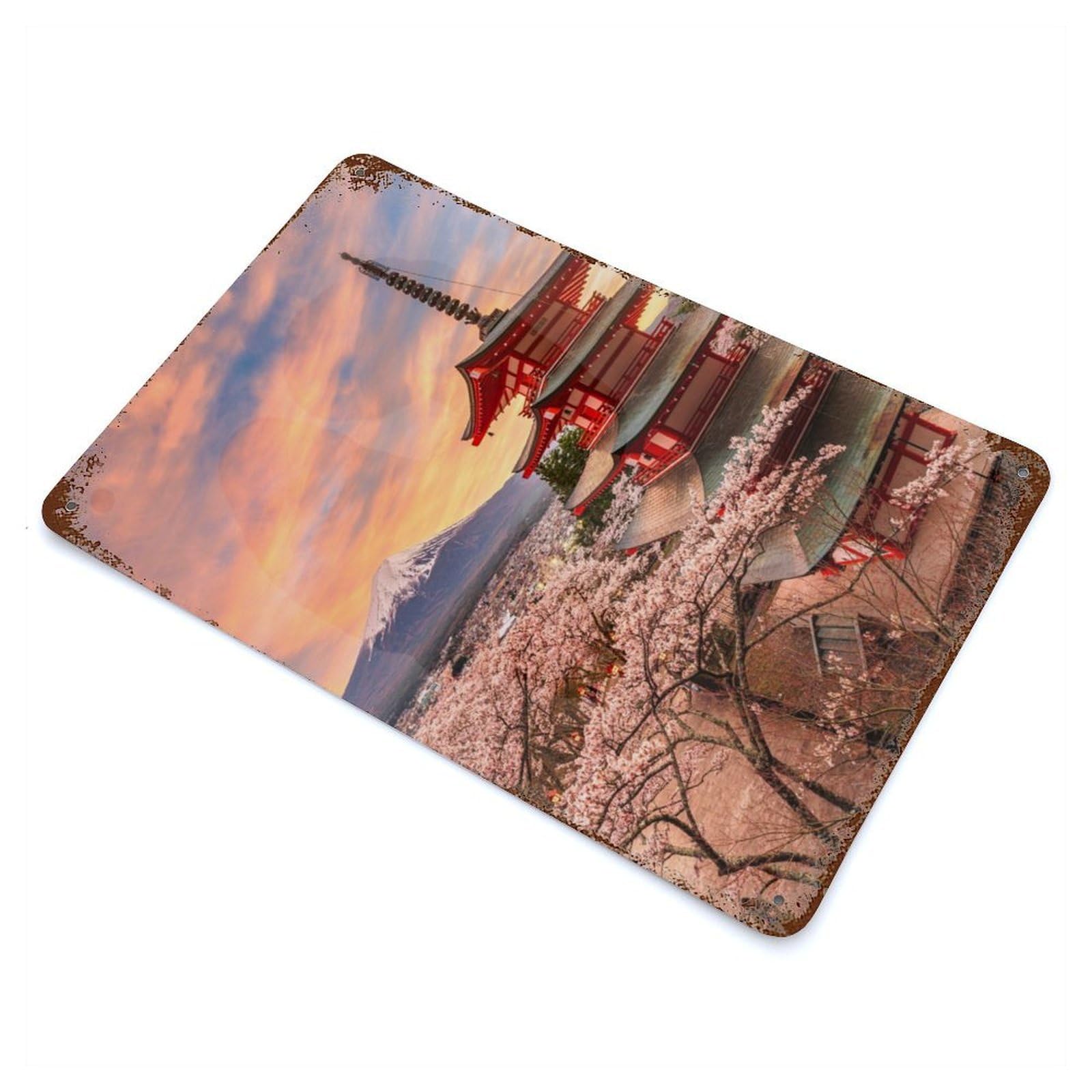 Mt Fuji And Pagoda 11.8"x7.9" Rust Effect Tin Sign, Rustic Home Decor for Office, Studio And Wall Decor