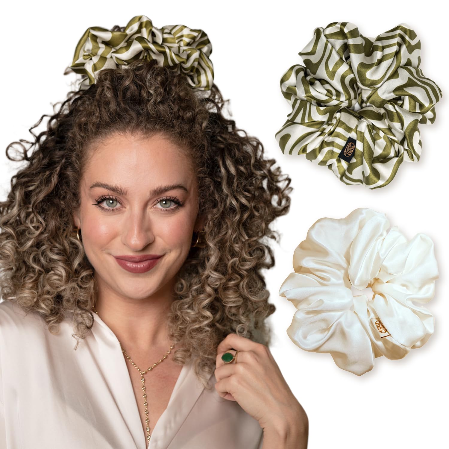 Real Mulberry Silk Scrunchies | Extra Large Scrunchies for Thick Hair | Anti Frizz, No Dent, Anti Breakage Hair Ties XL Scrunchies for Curly, Wavy, & Coily Hair (2-Pack Psychedelic Cedar & White)