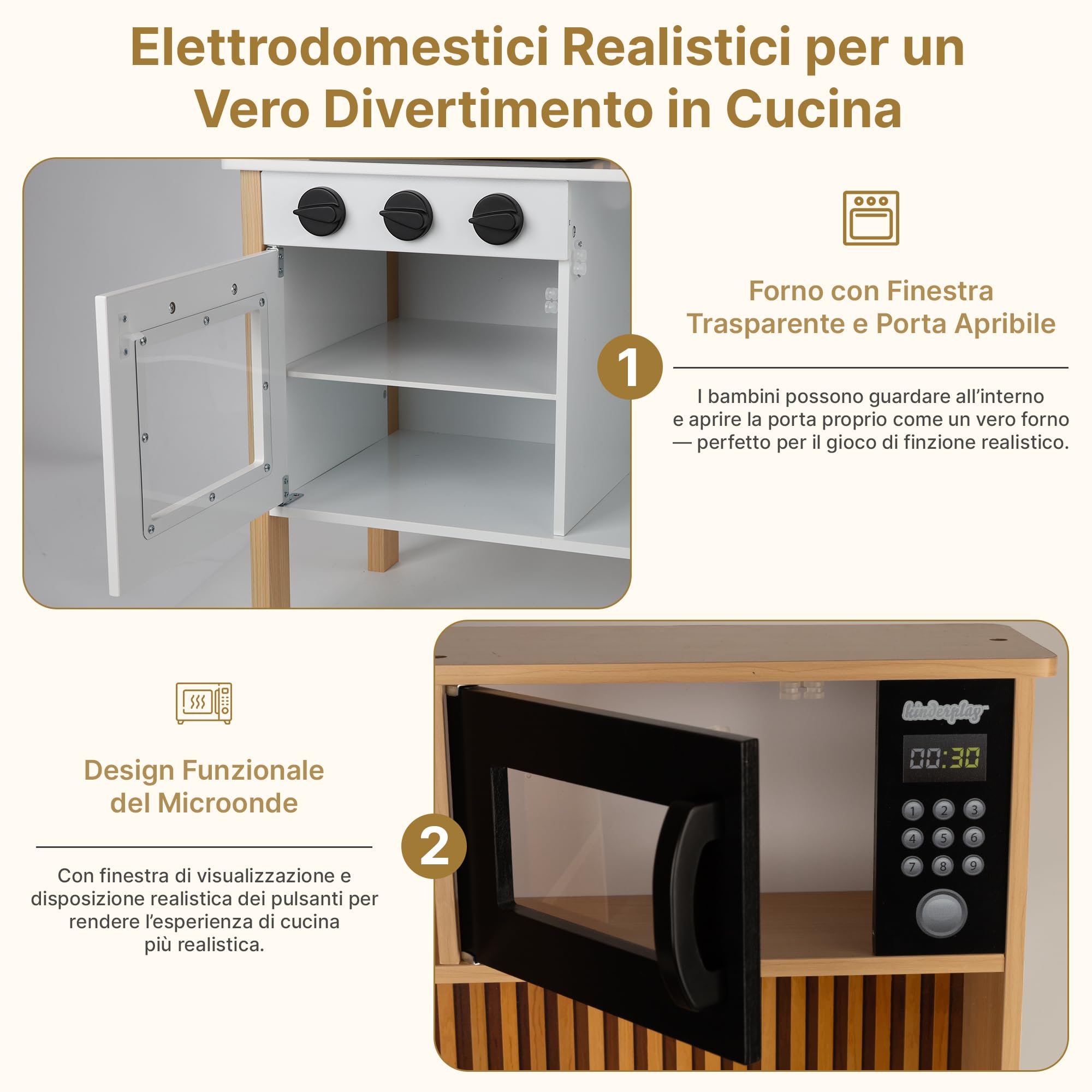 Cucina per bambini in legno con luce e suono - Cucina giochi con accessori, fornello, forno, lavello, microonde, cucina moderna in legno per bambini dai 3 anni in su, GS0070