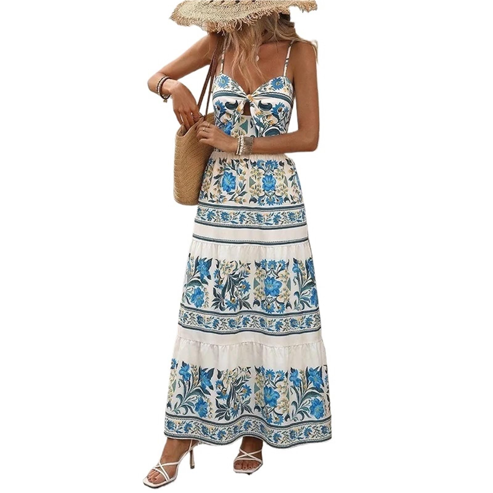 Vestido de Playa Verano Estilo Bohemio Halter Estampado étnico Largo Mujer Adecuado for Vacaciones
