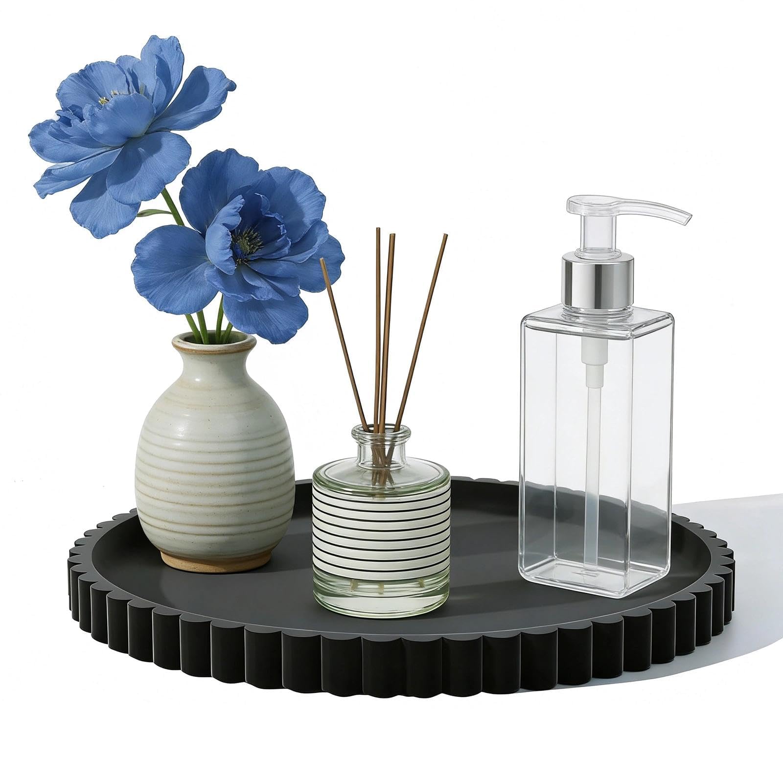 Black Wavy Round Tray, Candle Trays, Perfume Tray, Plant Coffee Black Trays, Suitable for Bathrooms, Kitchens, Living Rooms and Bedrooms(9 Inches) — image 1