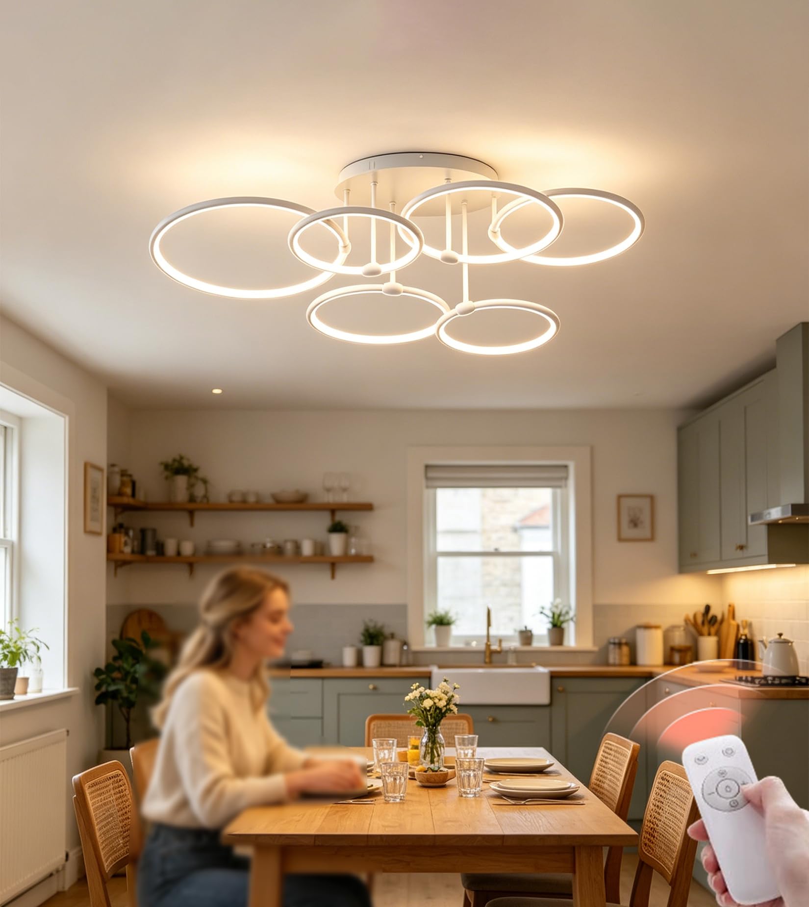 LED White Ceiling Light Dimmable, 6-Flame Ceiling Lamp 100 cm Living Room light With Night Light Function Designer Lighting Ceiling Lighting for Living Room Bedroom Kitchen Dining Room (White, 6-Ring)