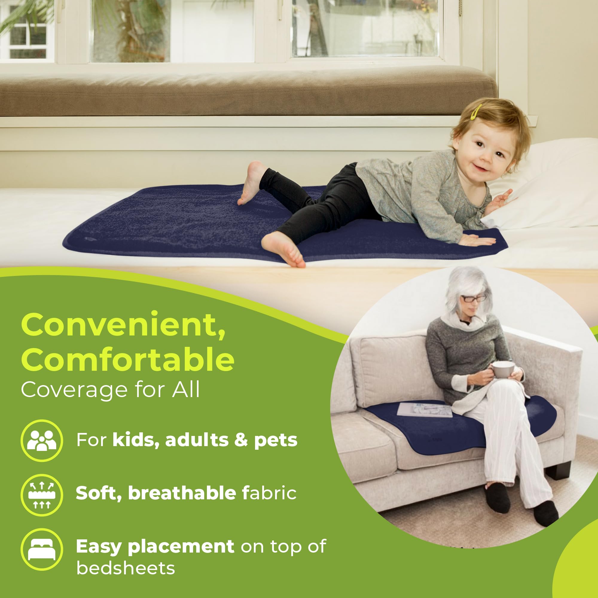 PeapodMats - Colchoneta Impermeable para la incontinencia y la Enuresis - Protector Reutilizable. Colocación Segura y Transpirable. Lavable. Ecológico, 3x3 Protector de colchón y Almohadilla