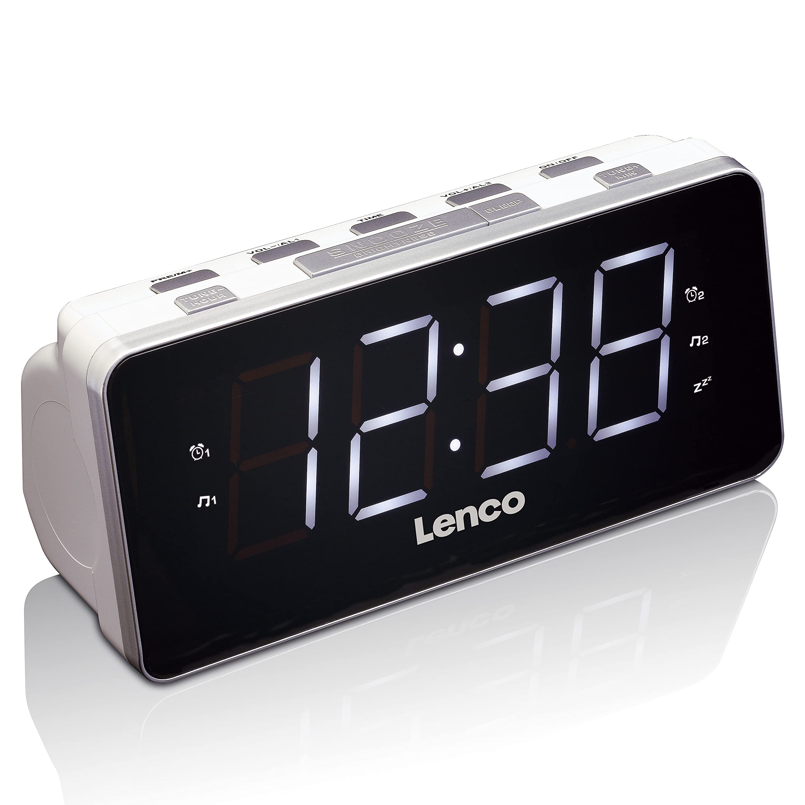 Lenco Radio-réveil CR-18 - Montre-Radio avec écran LED géant (4,6 cm) - variateur d'intensité - 2 alarmes (PLL FM, Chargeur USB, Double Alarme), Blanc